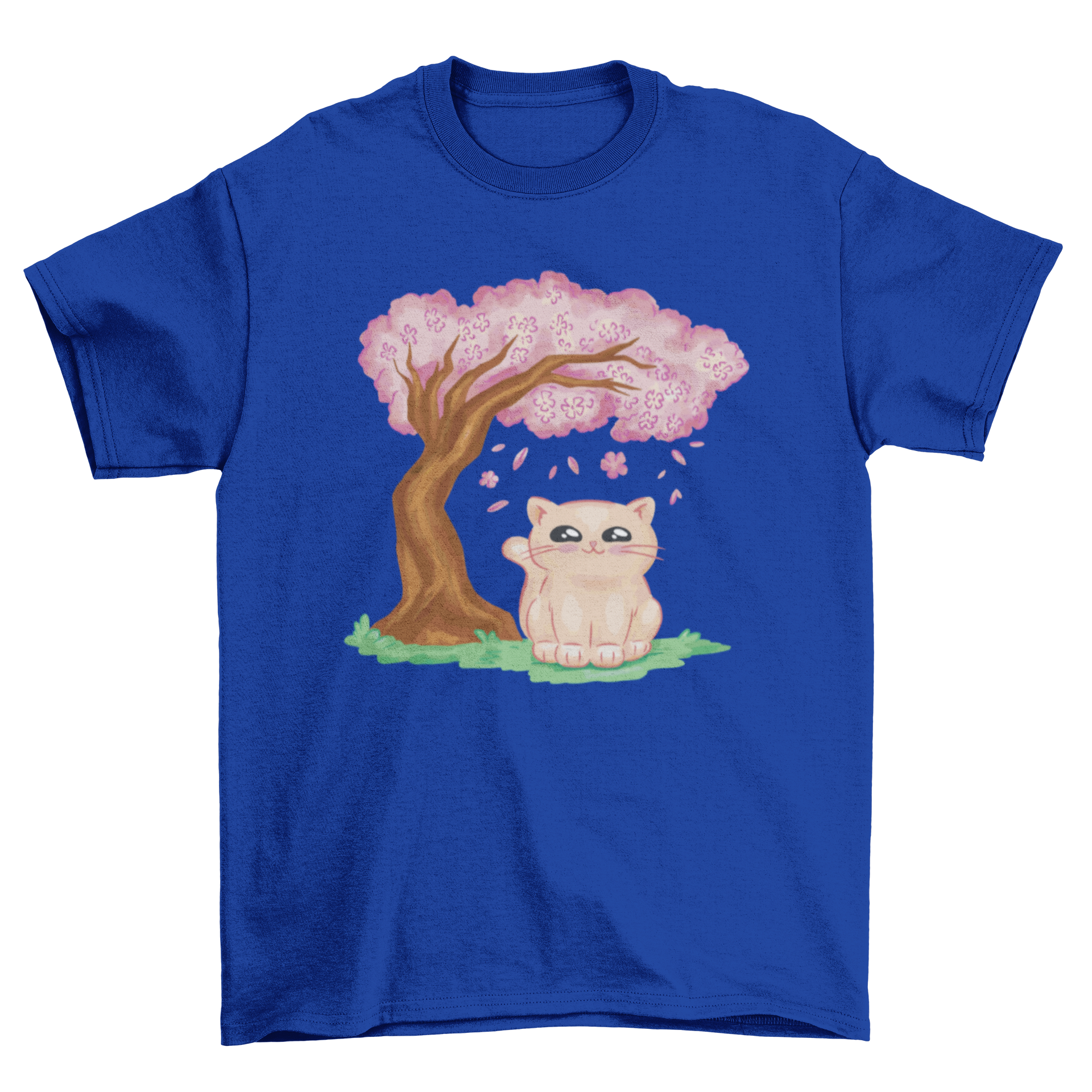 A cute t-shirt featuring a kawaii cat under a cherry blossom tree, showcasing a vibrant and playful design.