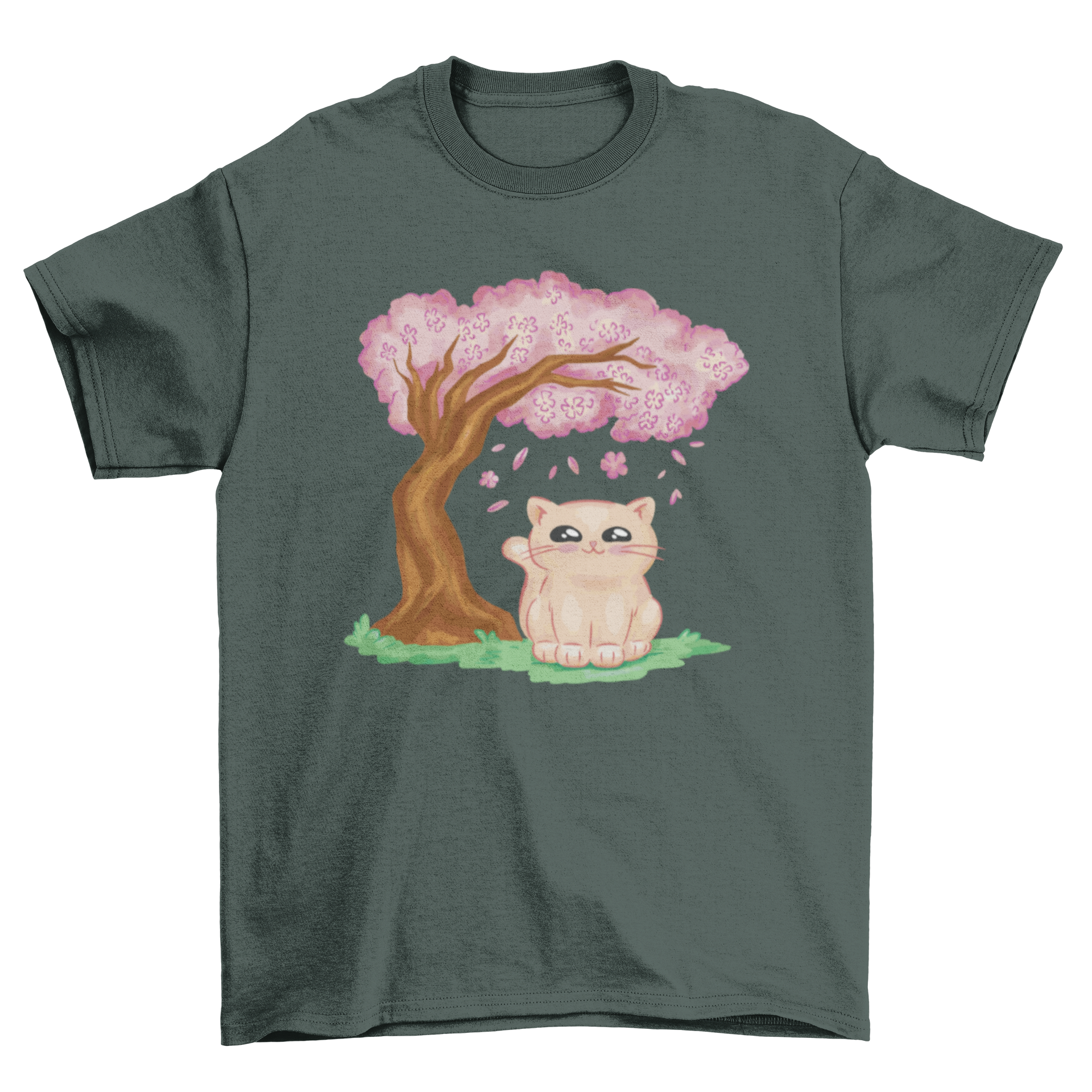 A cute t-shirt featuring a kawaii cat under a cherry blossom tree, showcasing a vibrant and playful design.