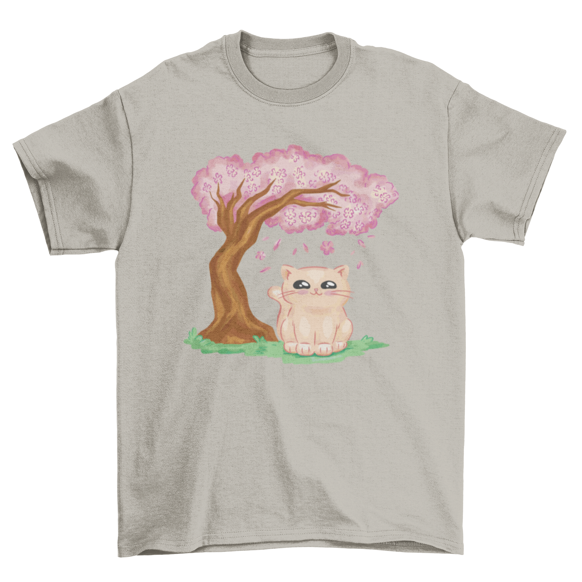 A cute t-shirt featuring a kawaii cat under a cherry blossom tree, showcasing a vibrant and playful design.