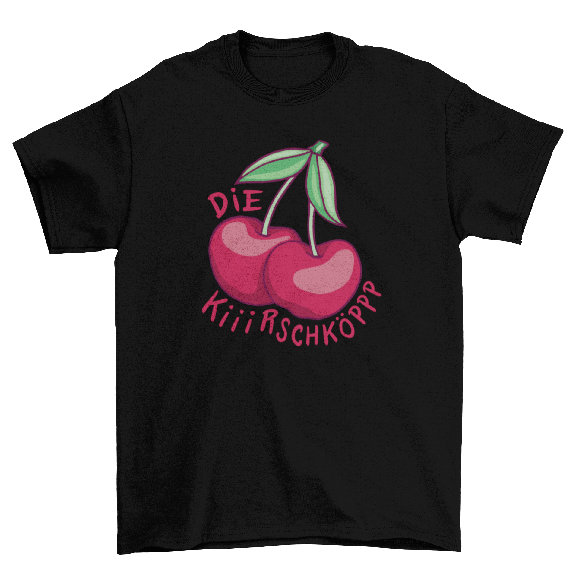 A stylish t-shirt featuring cherries and the German quote 'The Cherryheads', showcasing vibrant colors and a unique design.