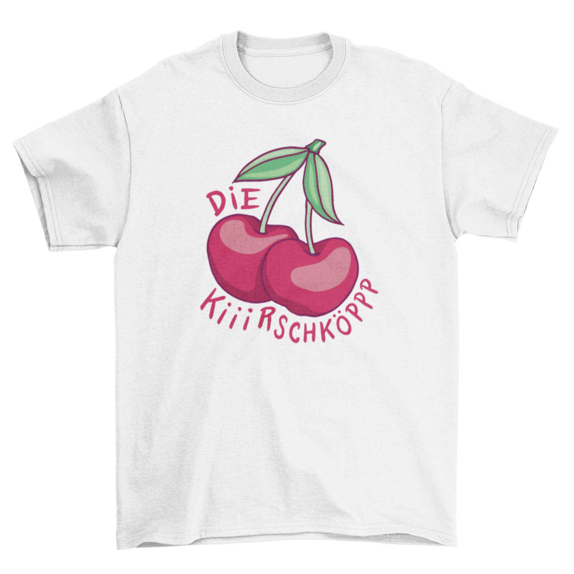 A stylish t-shirt featuring cherries and the German quote 'The Cherryheads', showcasing vibrant colors and a unique design.