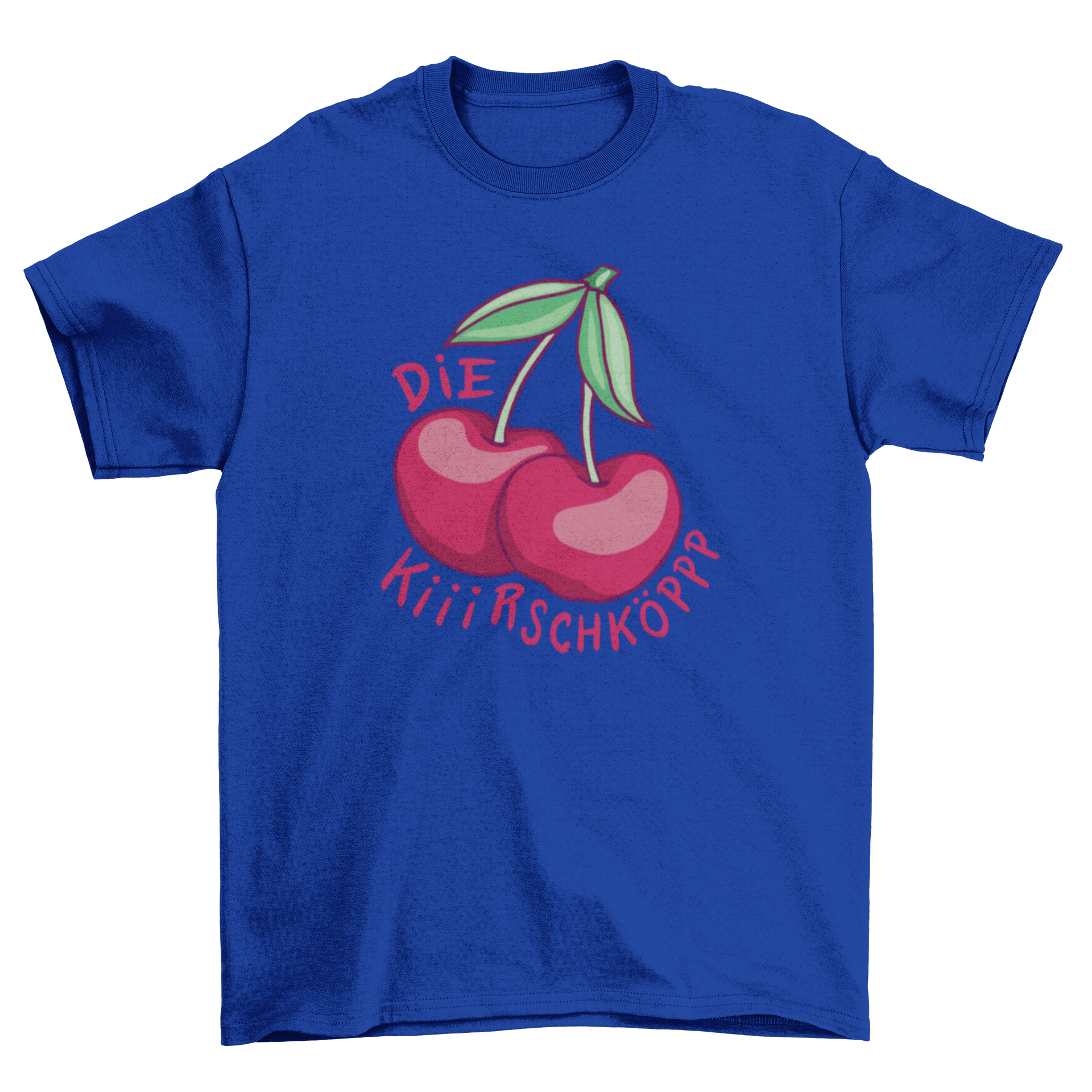 A stylish t-shirt featuring cherries and the German quote 'The Cherryheads', showcasing vibrant colors and a unique design.