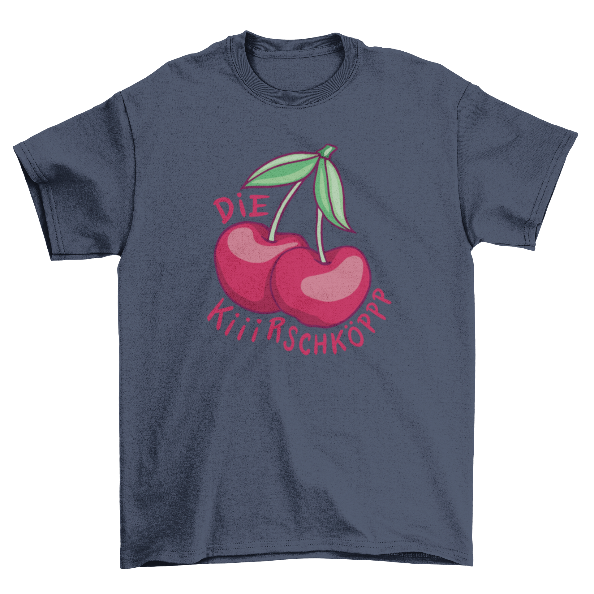 A stylish t-shirt featuring cherries and the German quote 'The Cherryheads', showcasing vibrant colors and a unique design.