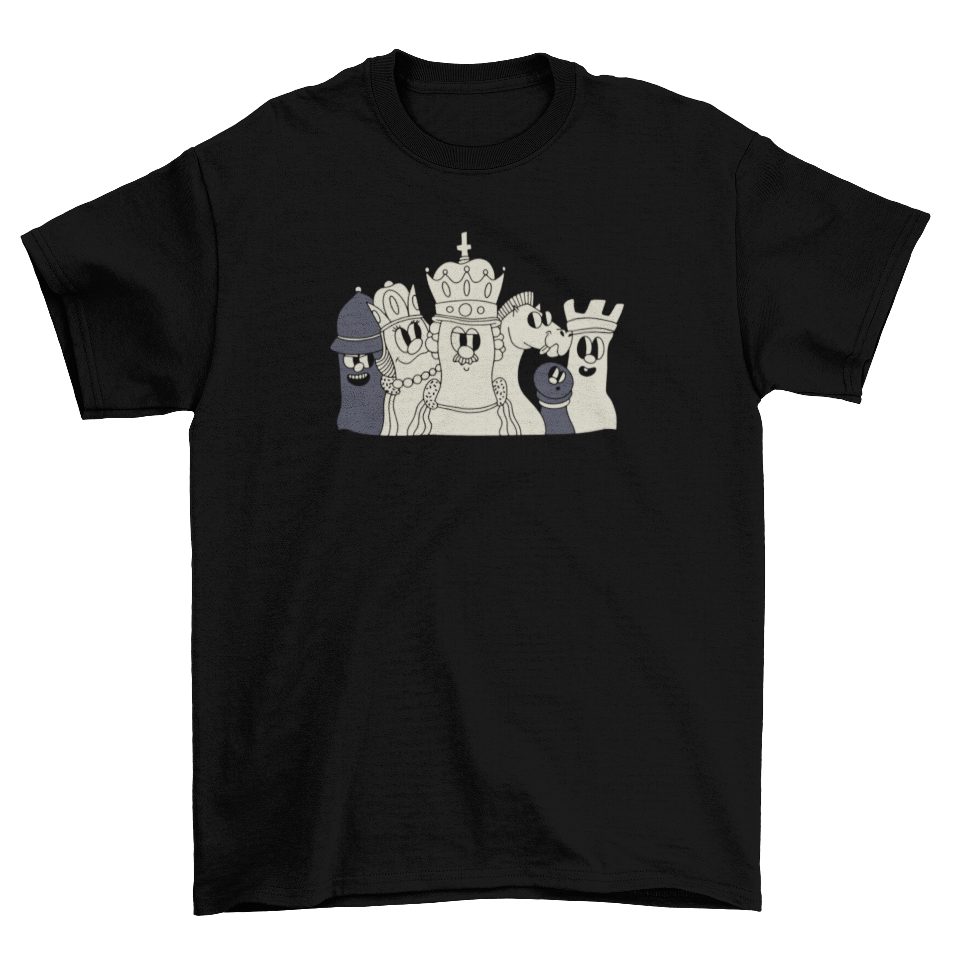 A stylish t-shirt featuring colorful illustrations of chess pieces including king, queen, bishop, knight, rook, and pawn.