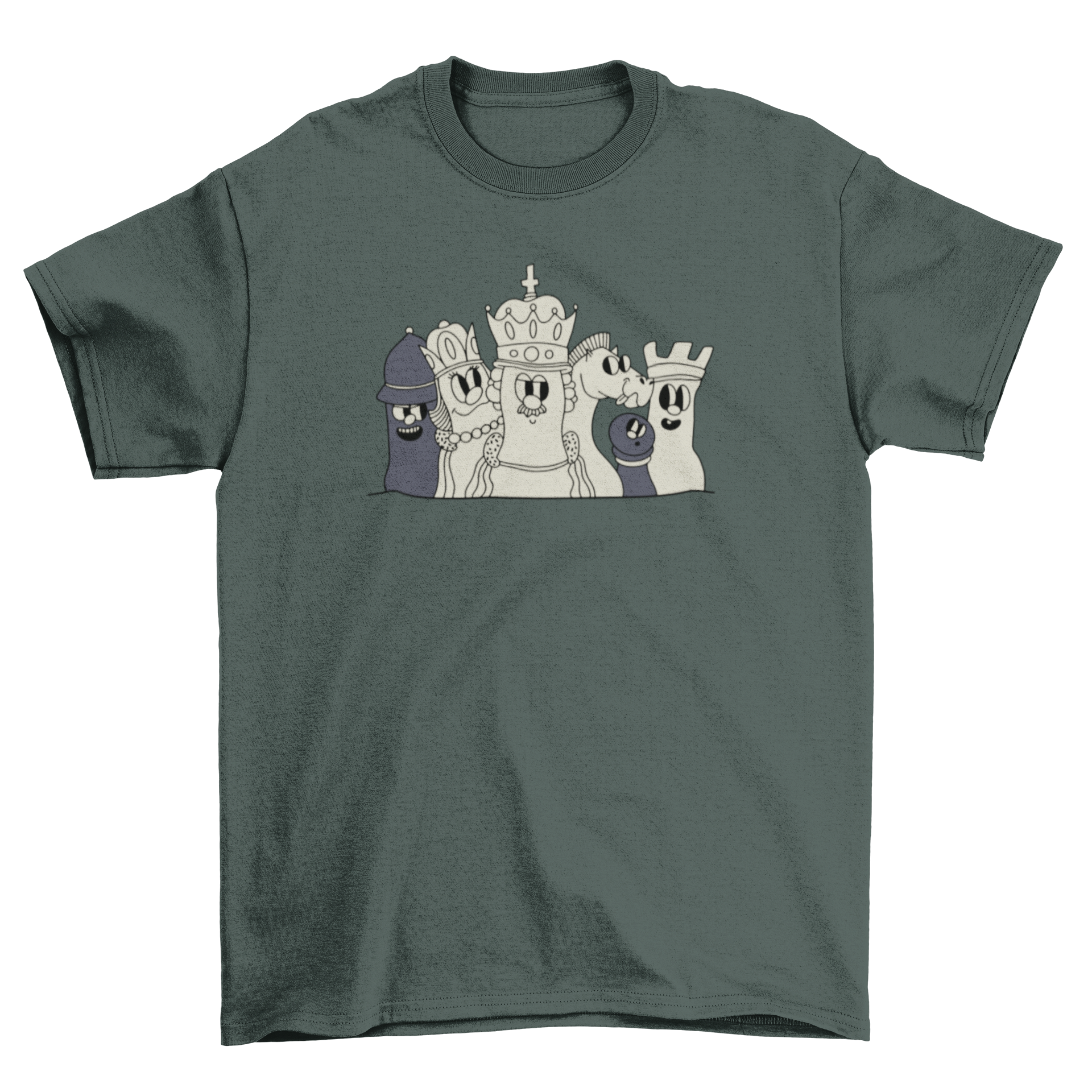 A stylish t-shirt featuring colorful illustrations of chess pieces including king, queen, bishop, knight, rook, and pawn.