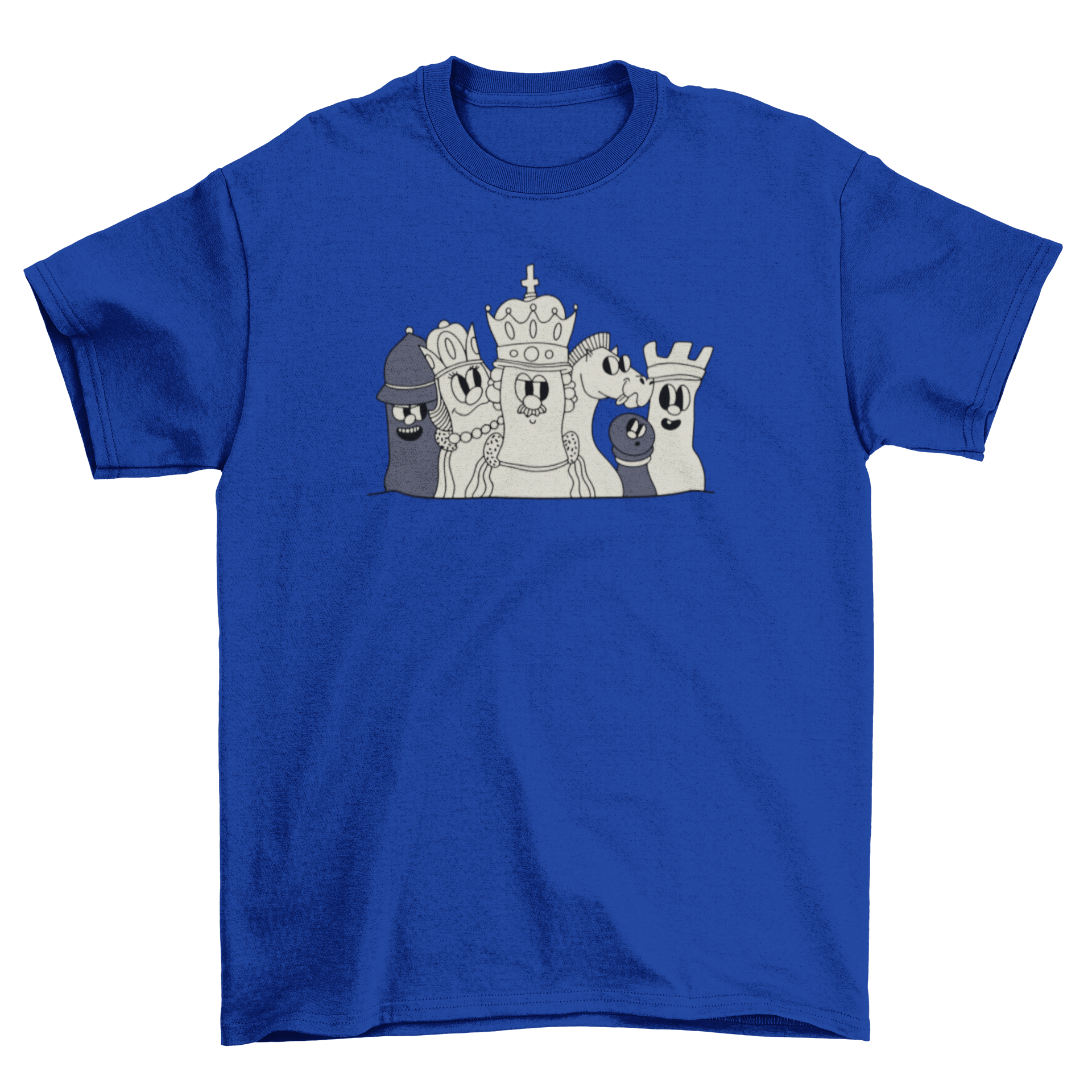 A stylish t-shirt featuring colorful illustrations of chess pieces including king, queen, bishop, knight, rook, and pawn.