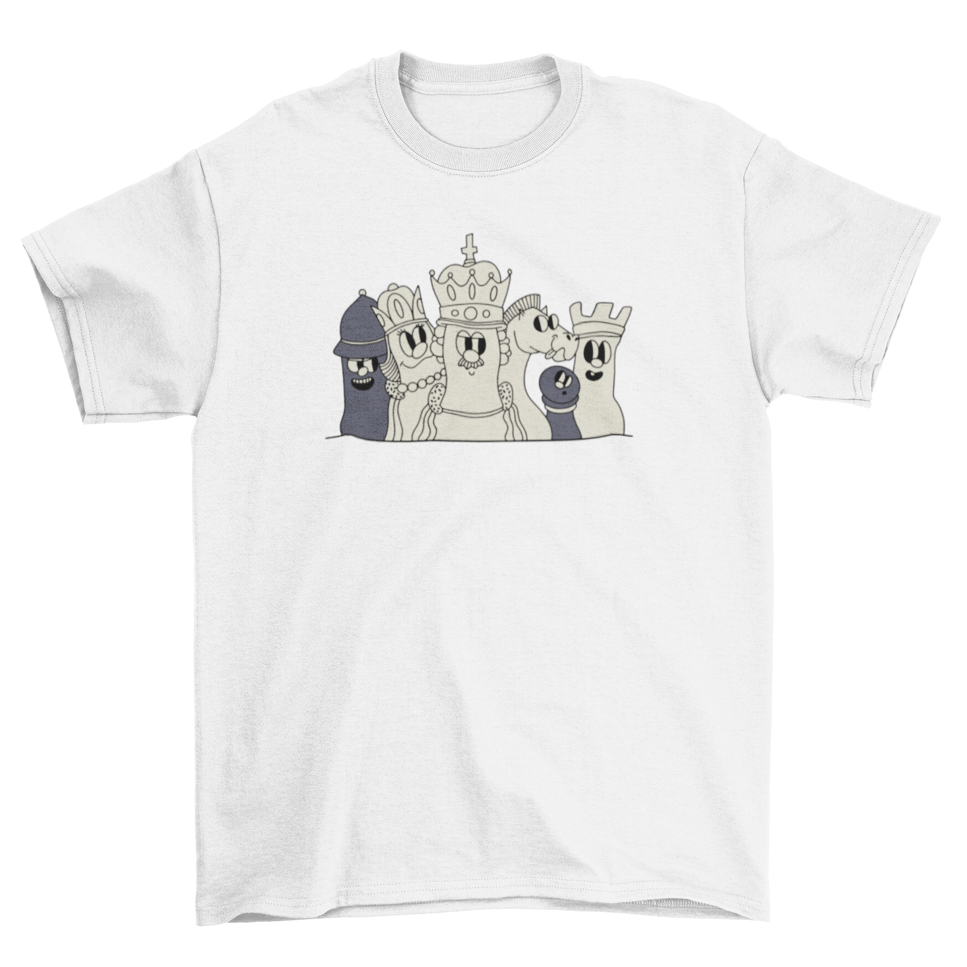 A stylish t-shirt featuring colorful illustrations of chess pieces including king, queen, bishop, knight, rook, and pawn.