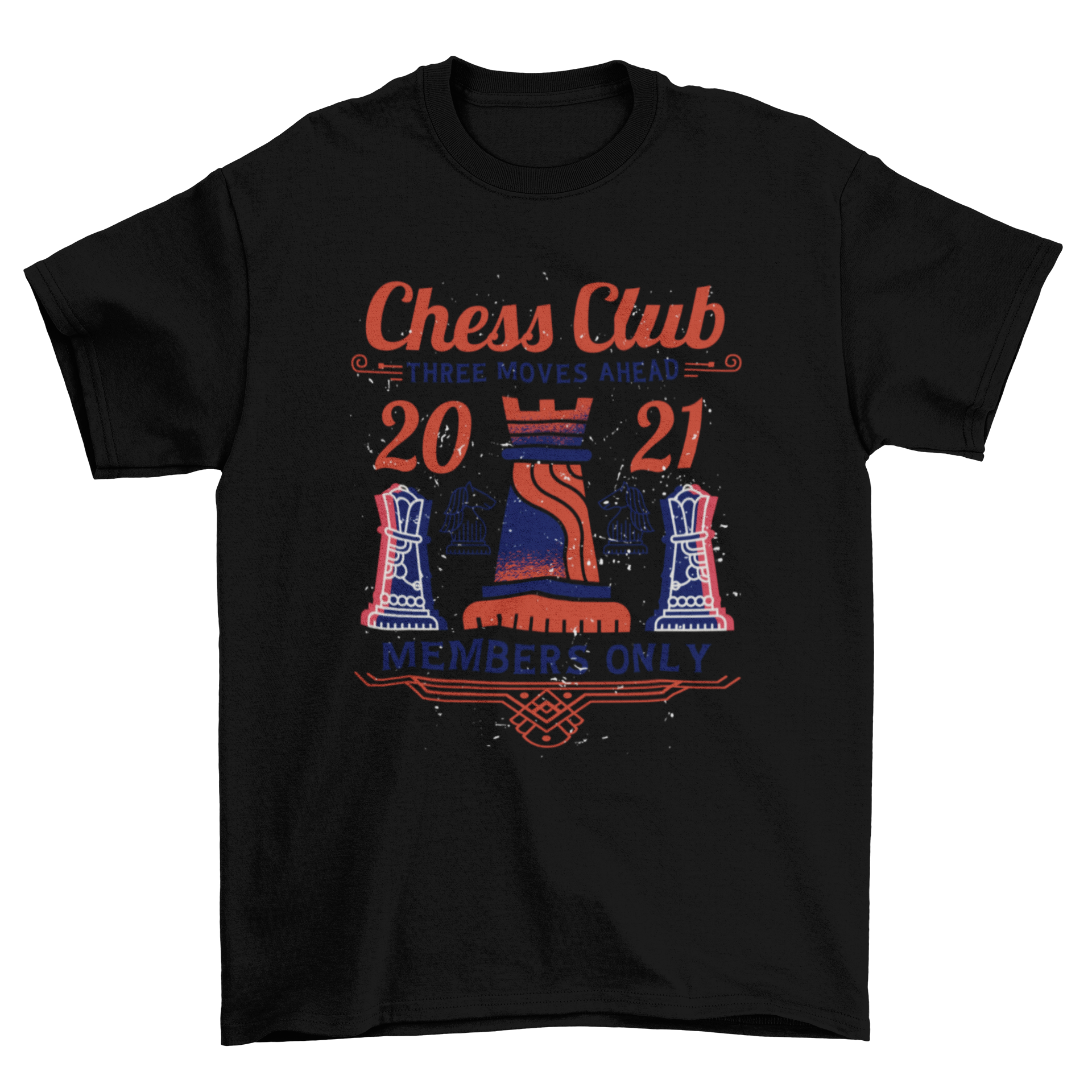 Stylish chess club t-shirt design featuring various chess pieces and the quote 'Chess Club'.