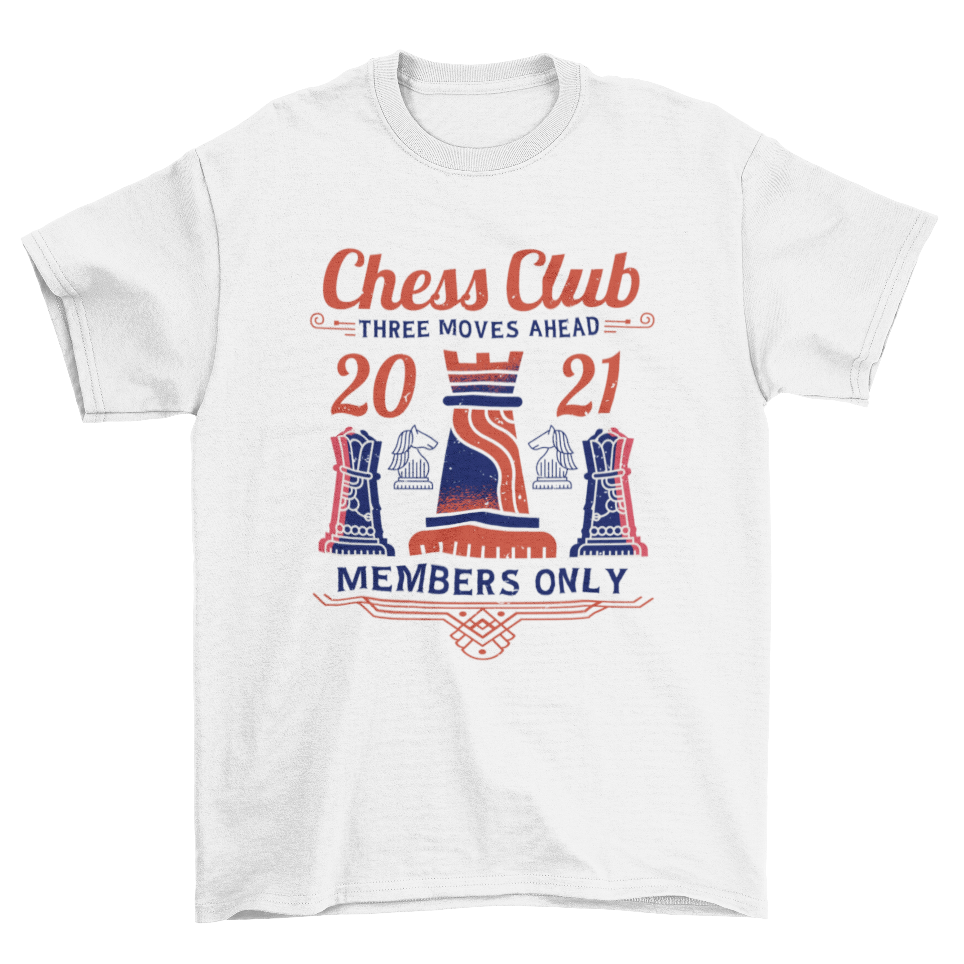 Stylish chess club t-shirt design featuring various chess pieces and the quote 'Chess Club'.