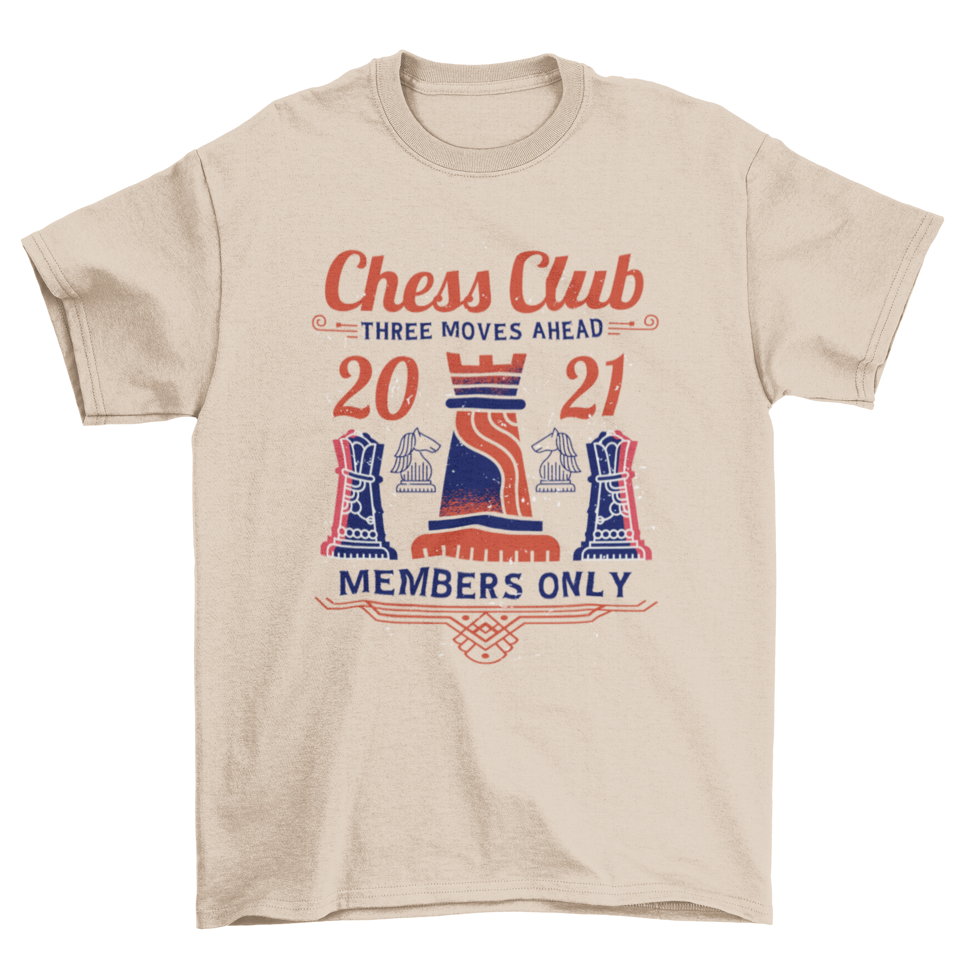 Stylish chess club t-shirt design featuring various chess pieces and the quote 'Chess Club'.