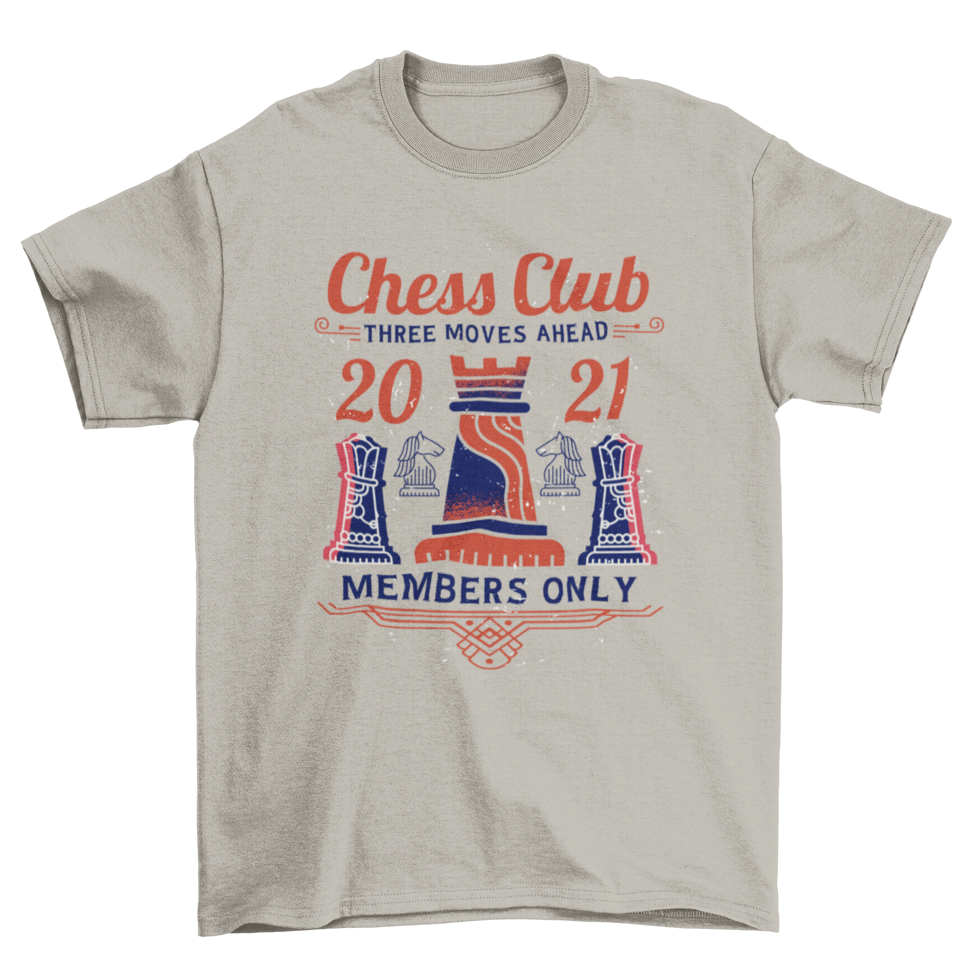 Stylish chess club t-shirt design featuring various chess pieces and the quote 'Chess Club'.