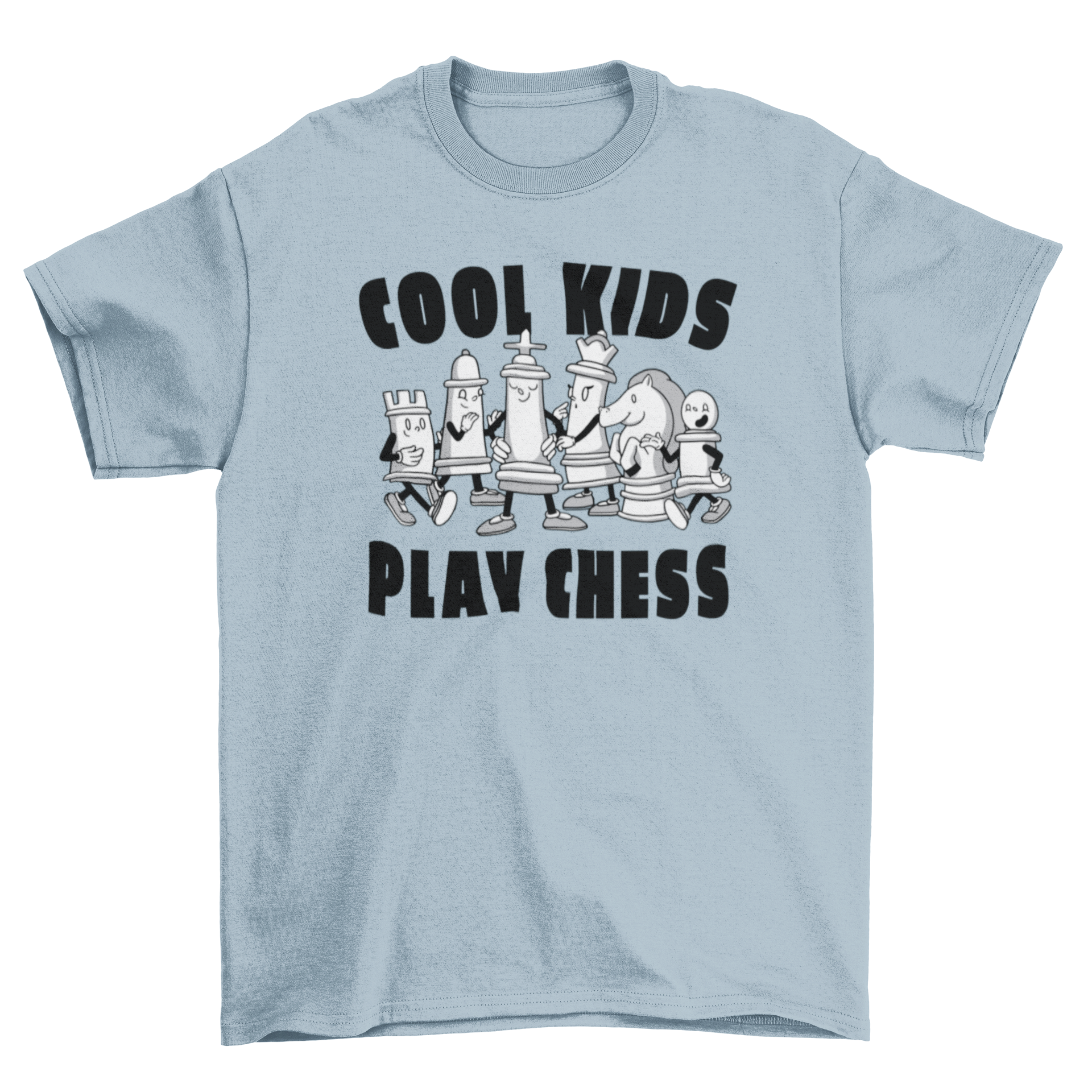 A fun t-shirt featuring chess pieces walking forward with the quote 'Cool kids play chess'.