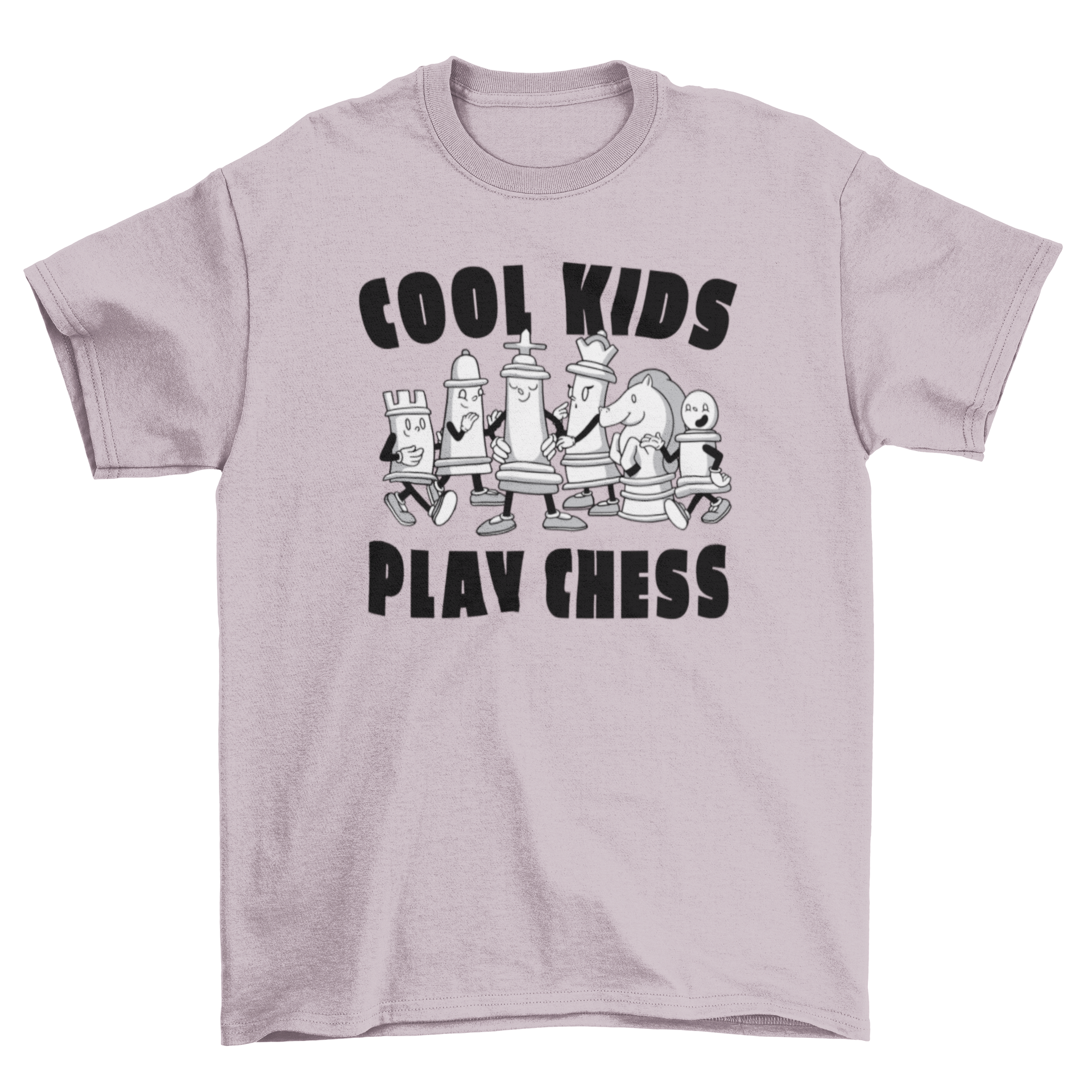 A fun t-shirt featuring chess pieces walking forward with the quote 'Cool kids play chess'.