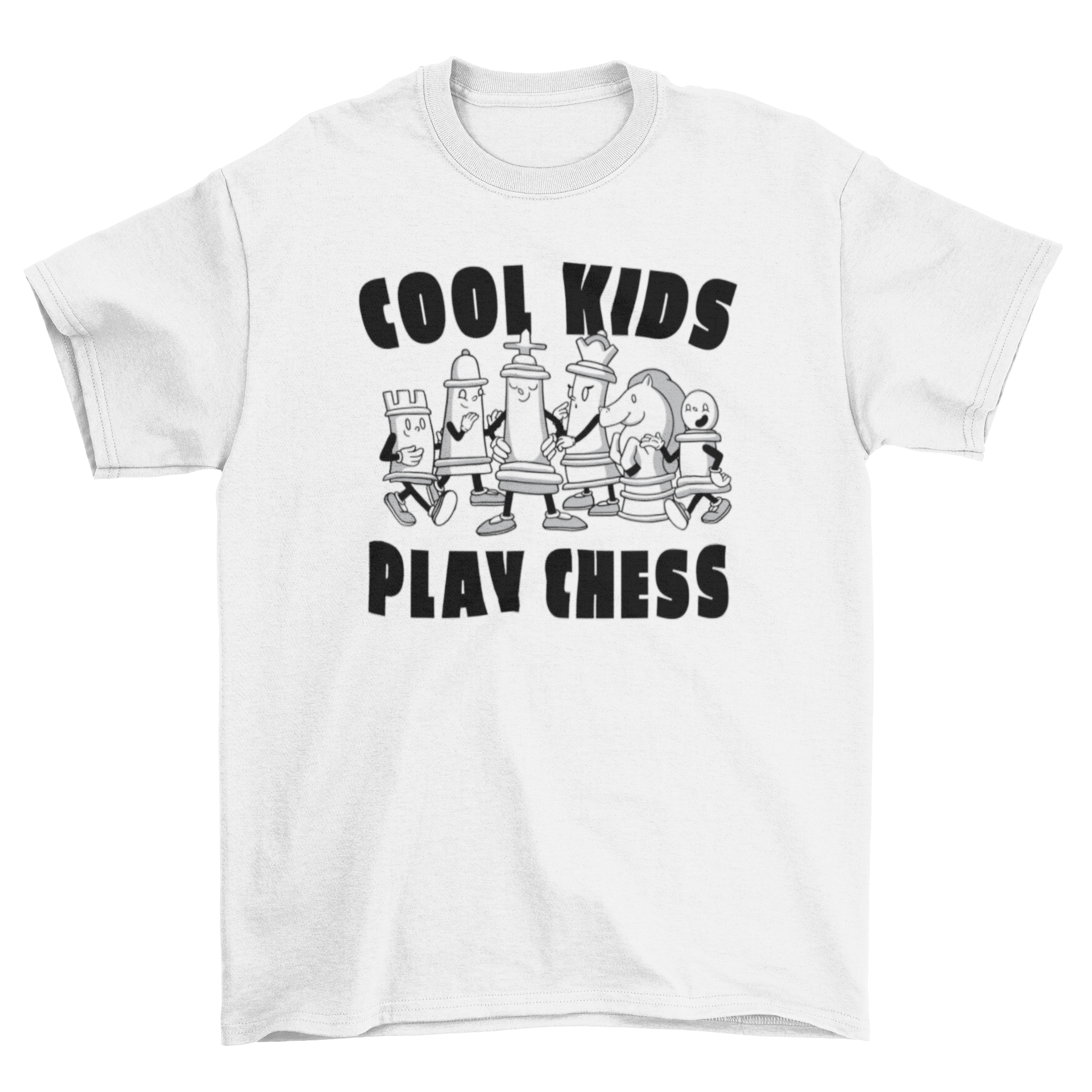 A fun t-shirt featuring chess pieces walking forward with the quote 'Cool kids play chess'.