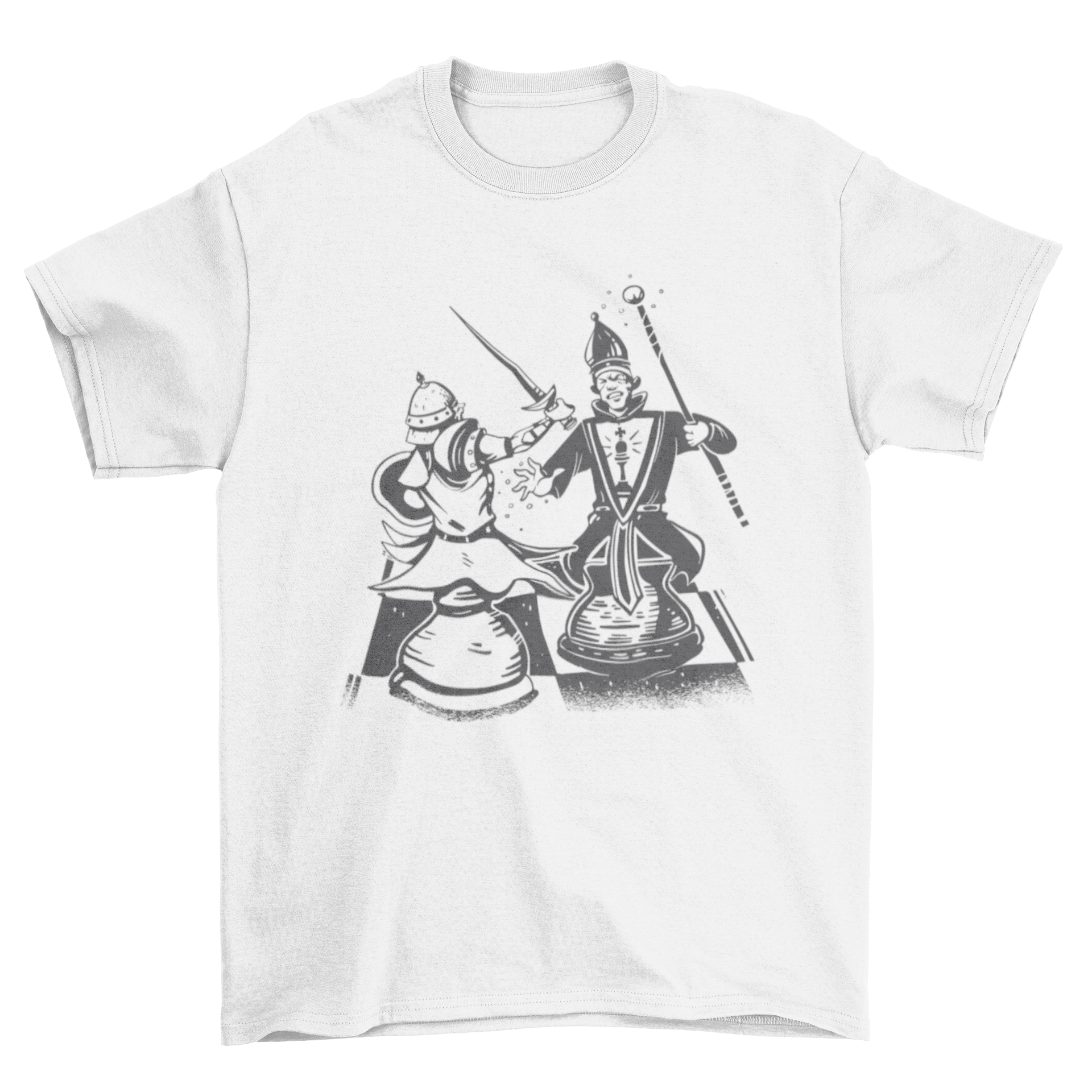 A stylish t-shirt featuring a dynamic design of two chess pieces engaged in battle, perfect for chess lovers.