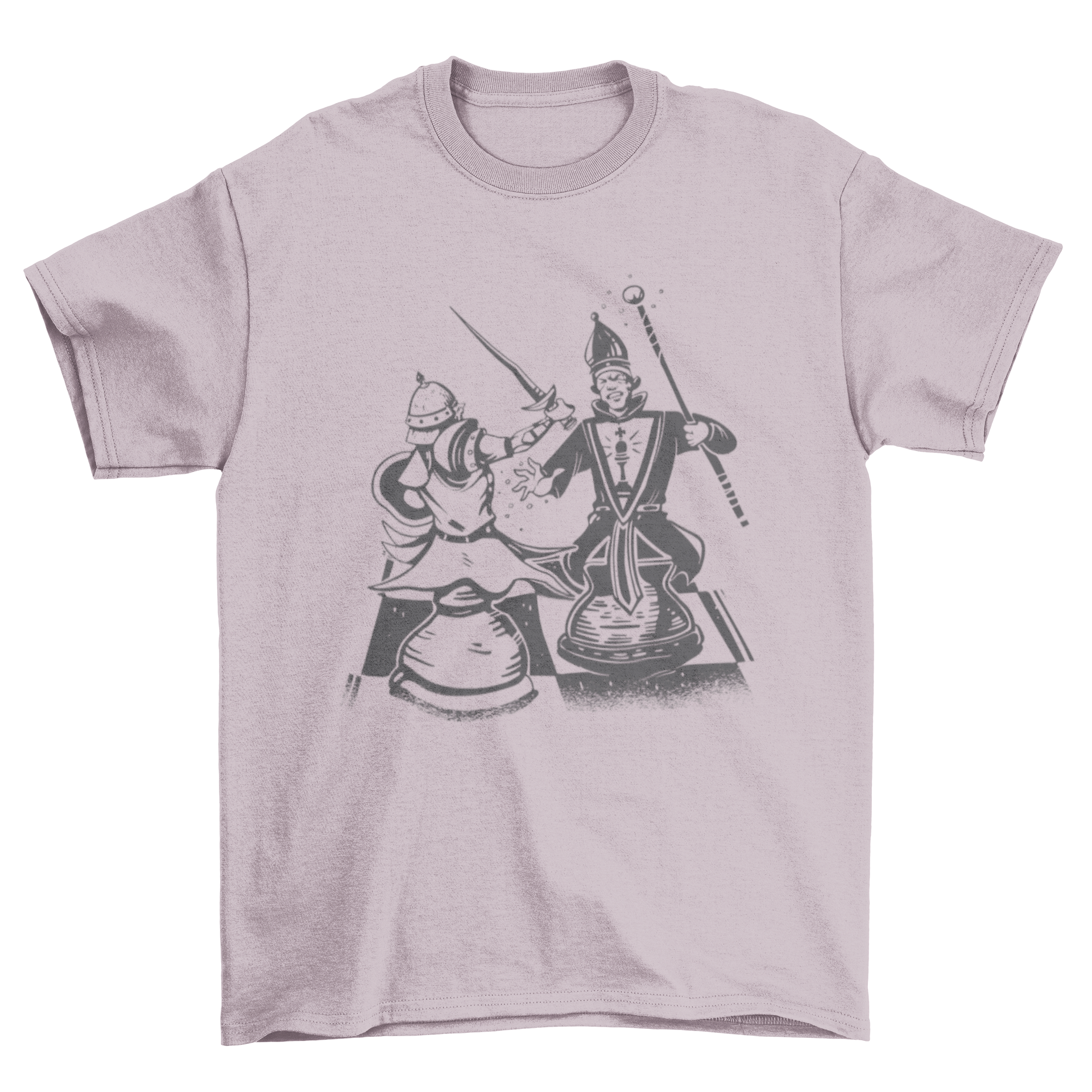 A stylish t-shirt featuring a dynamic design of two chess pieces engaged in battle, perfect for chess lovers.