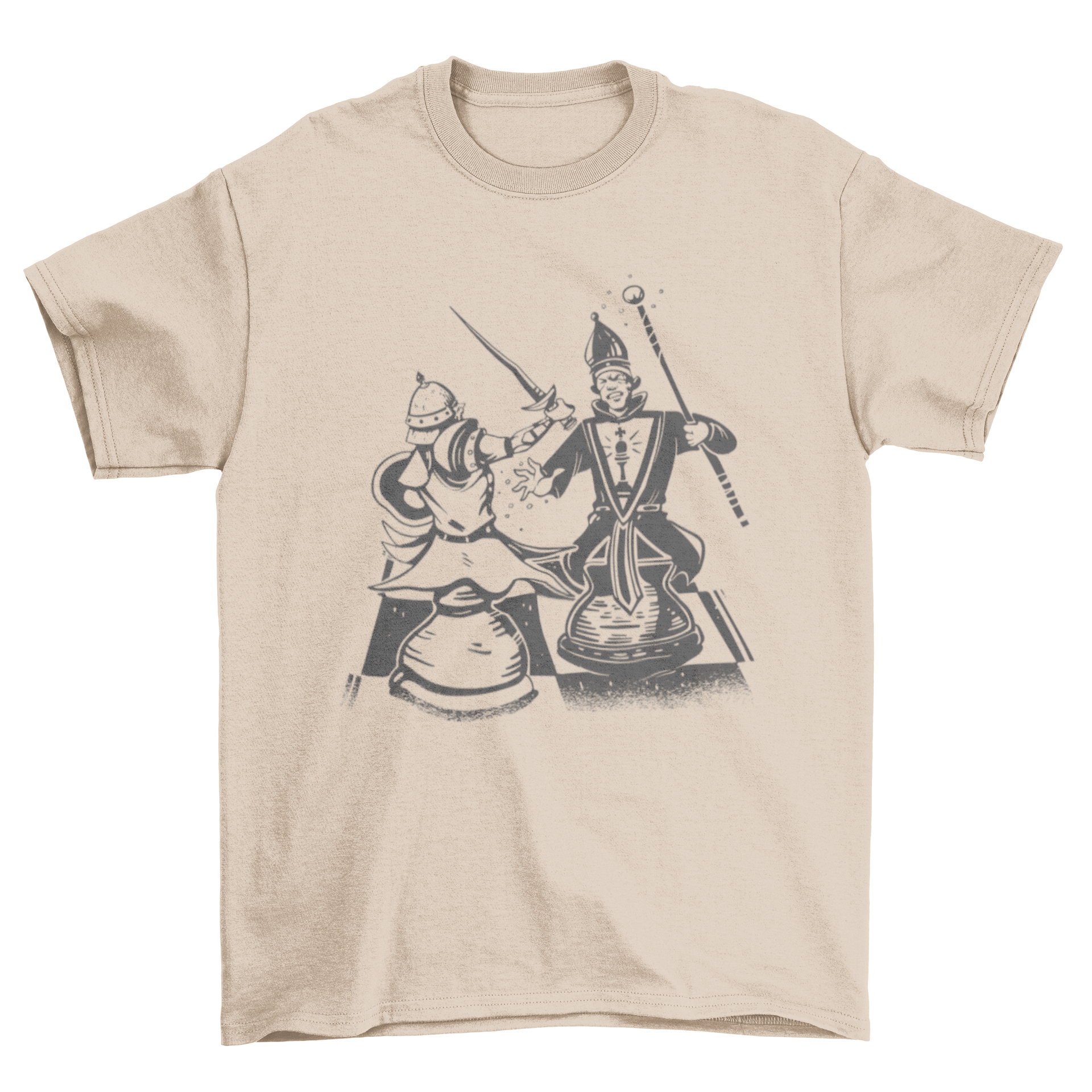 A stylish t-shirt featuring a dynamic design of two chess pieces engaged in battle, perfect for chess lovers.