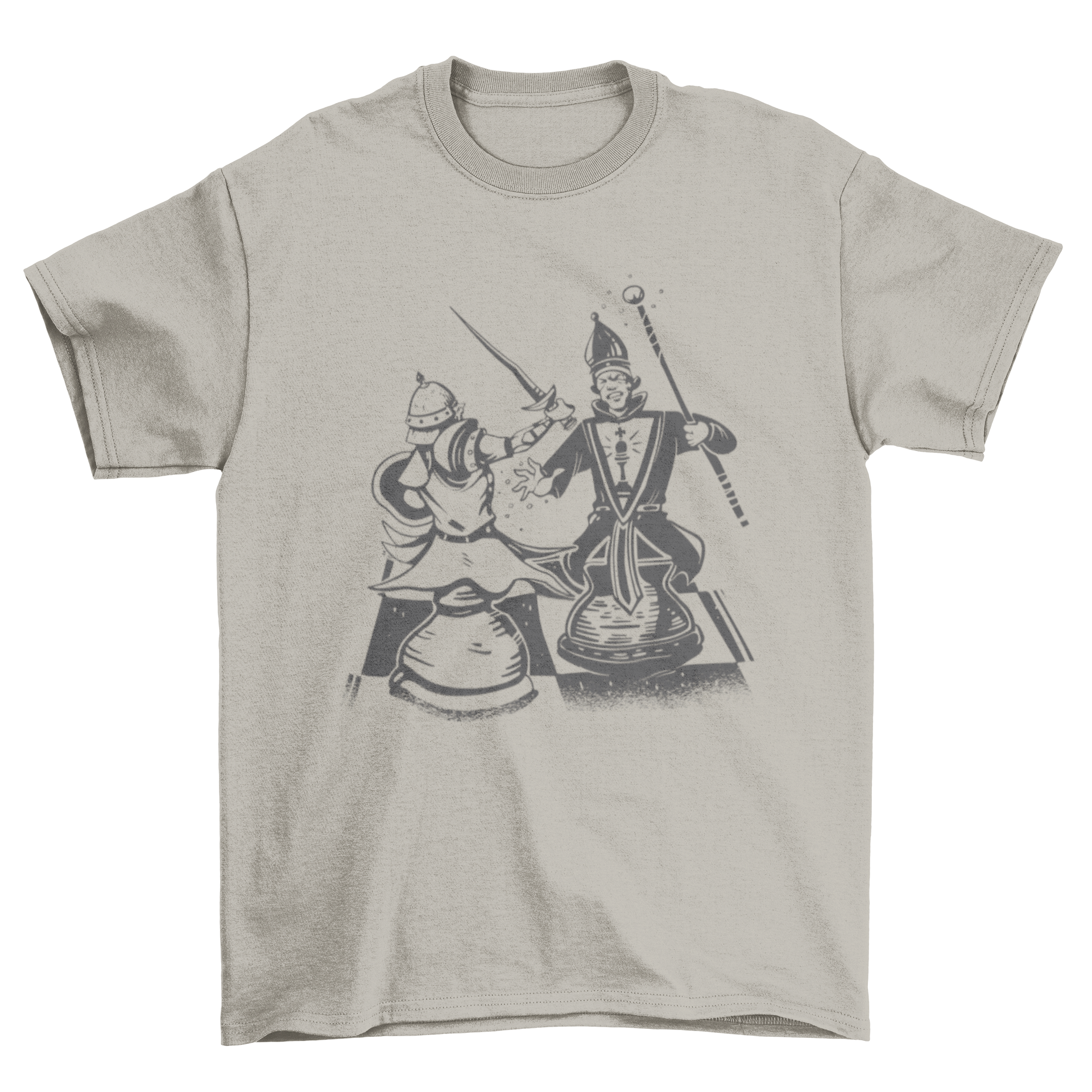 A stylish t-shirt featuring a dynamic design of two chess pieces engaged in battle, perfect for chess lovers.