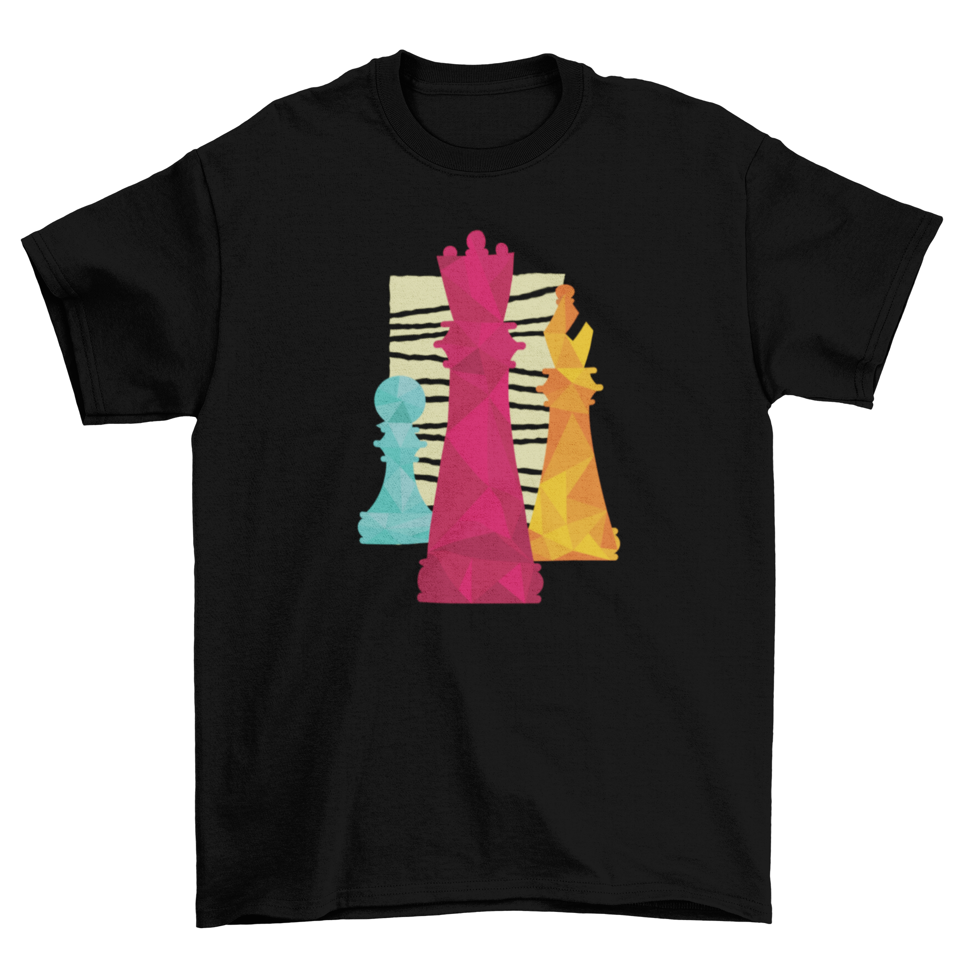 Stylish Chess Pieces T-shirt featuring king, bishop, and pawn design on a rectangular background.