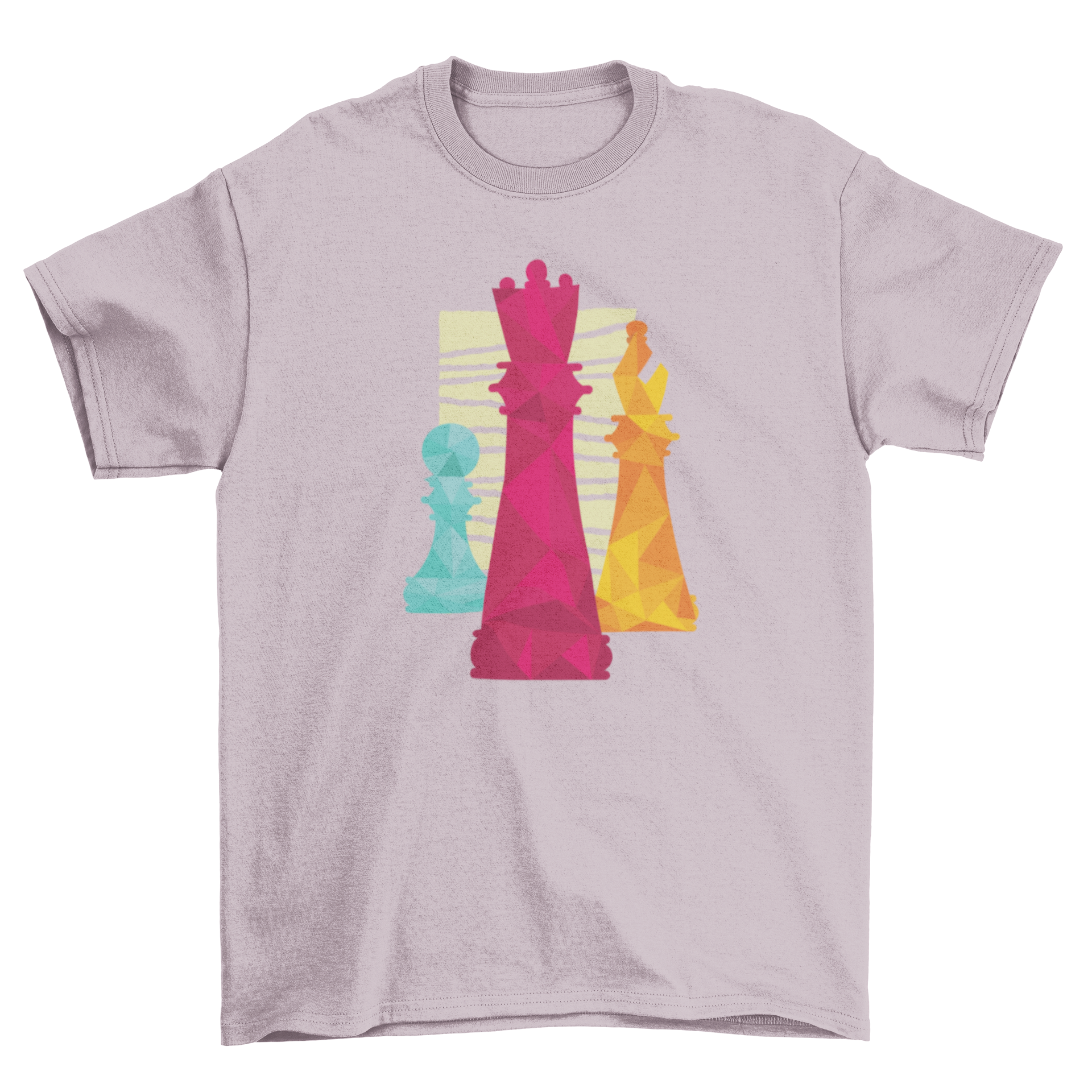 Stylish Chess Pieces T-shirt featuring king, bishop, and pawn design on a rectangular background.