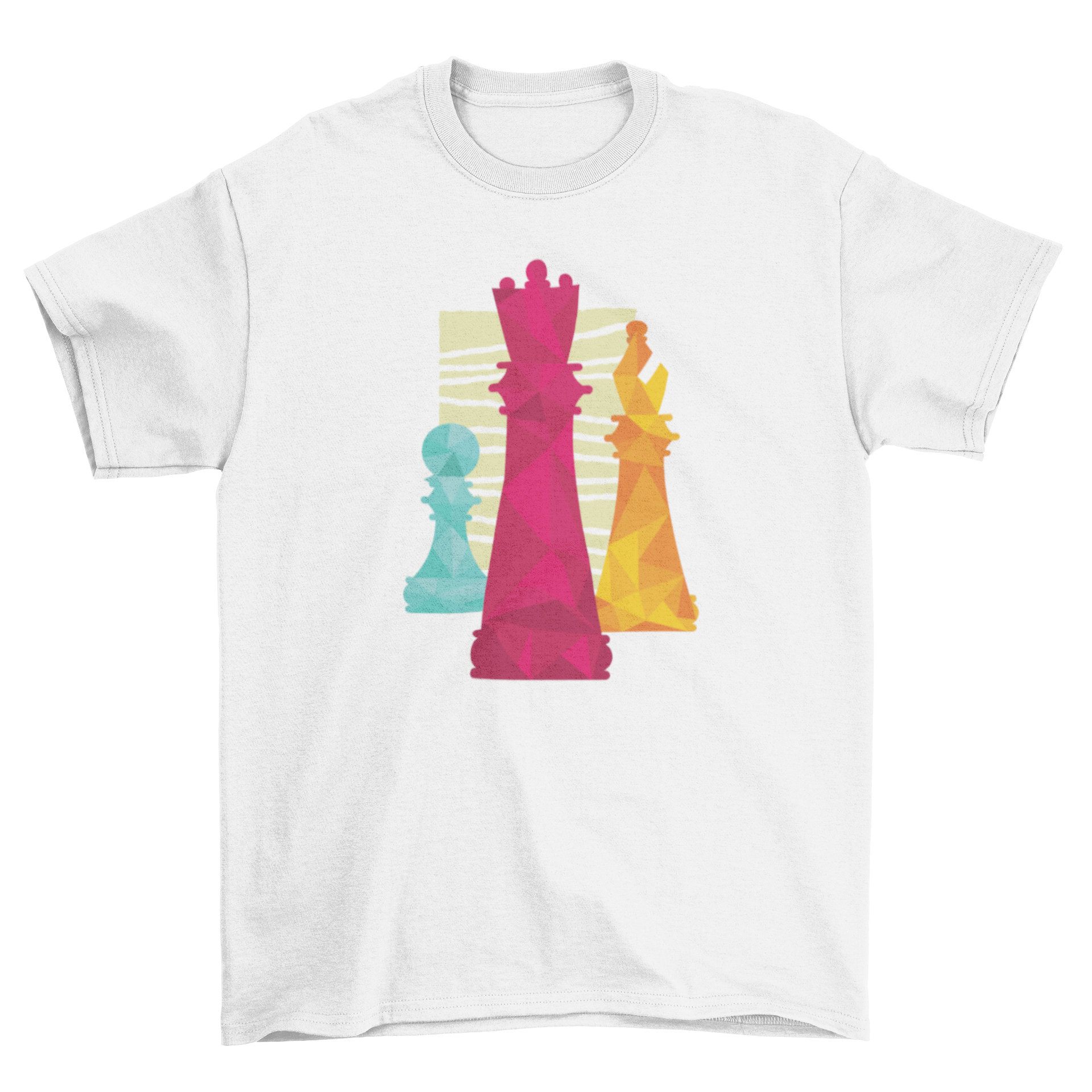 Stylish Chess Pieces T-shirt featuring king, bishop, and pawn design on a rectangular background.