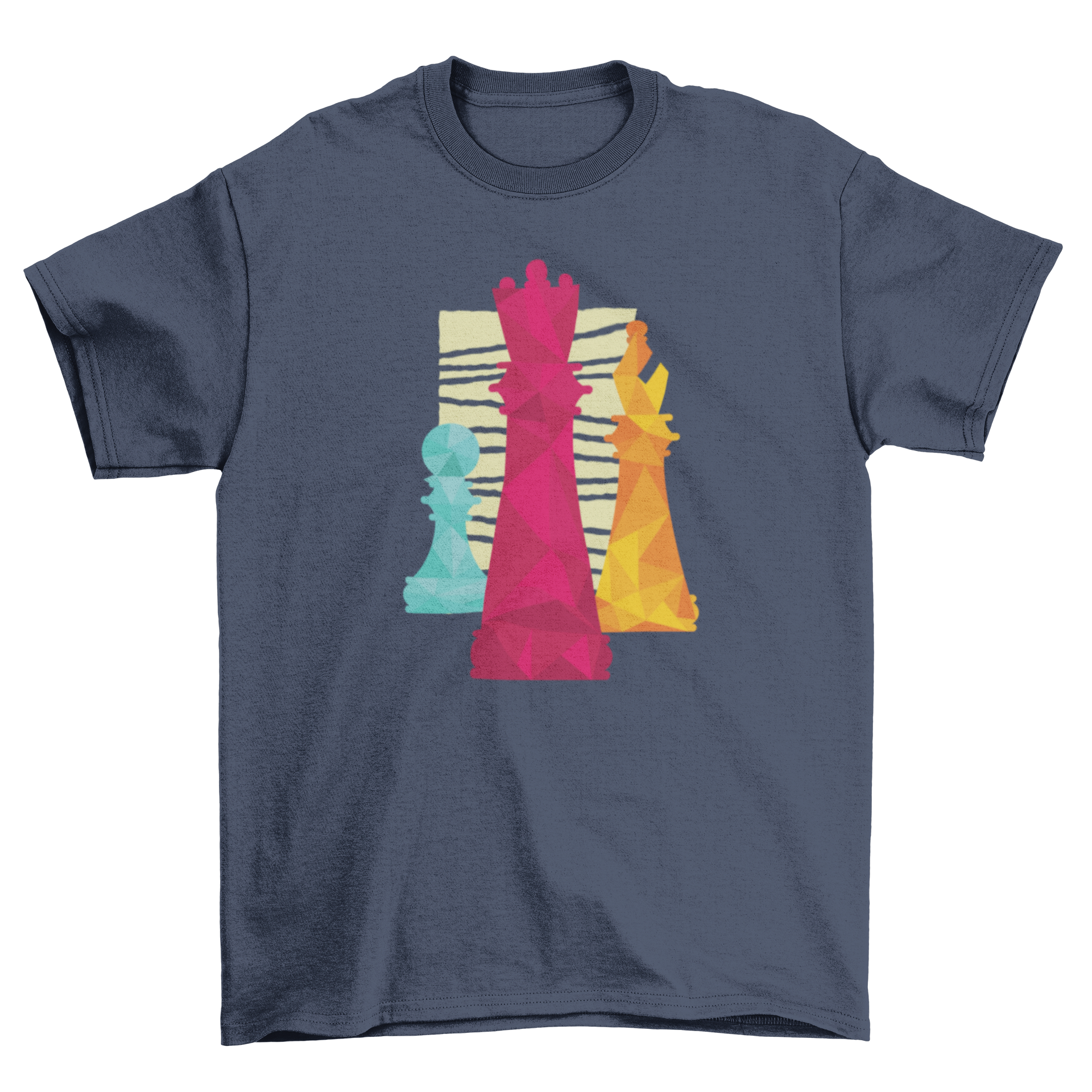 Stylish Chess Pieces T-shirt featuring king, bishop, and pawn design on a rectangular background.