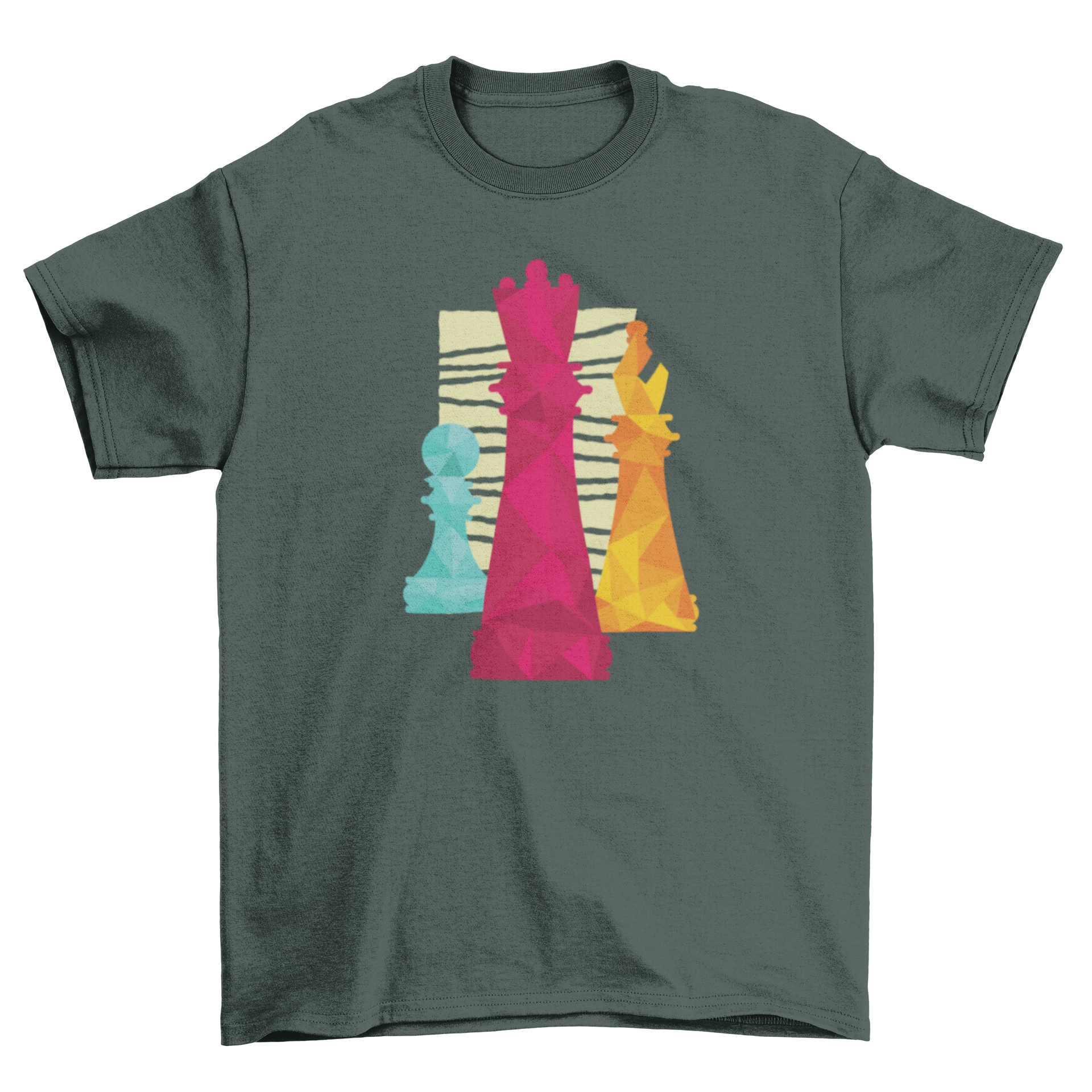 Stylish Chess Pieces T-shirt featuring king, bishop, and pawn design on a rectangular background.