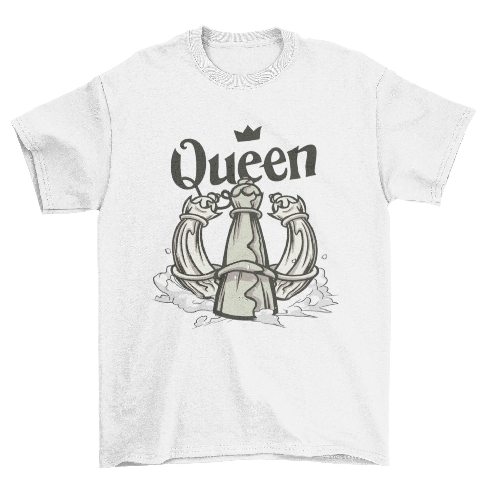 A stylish t-shirt featuring a queen chess piece design, perfect for chess enthusiasts.