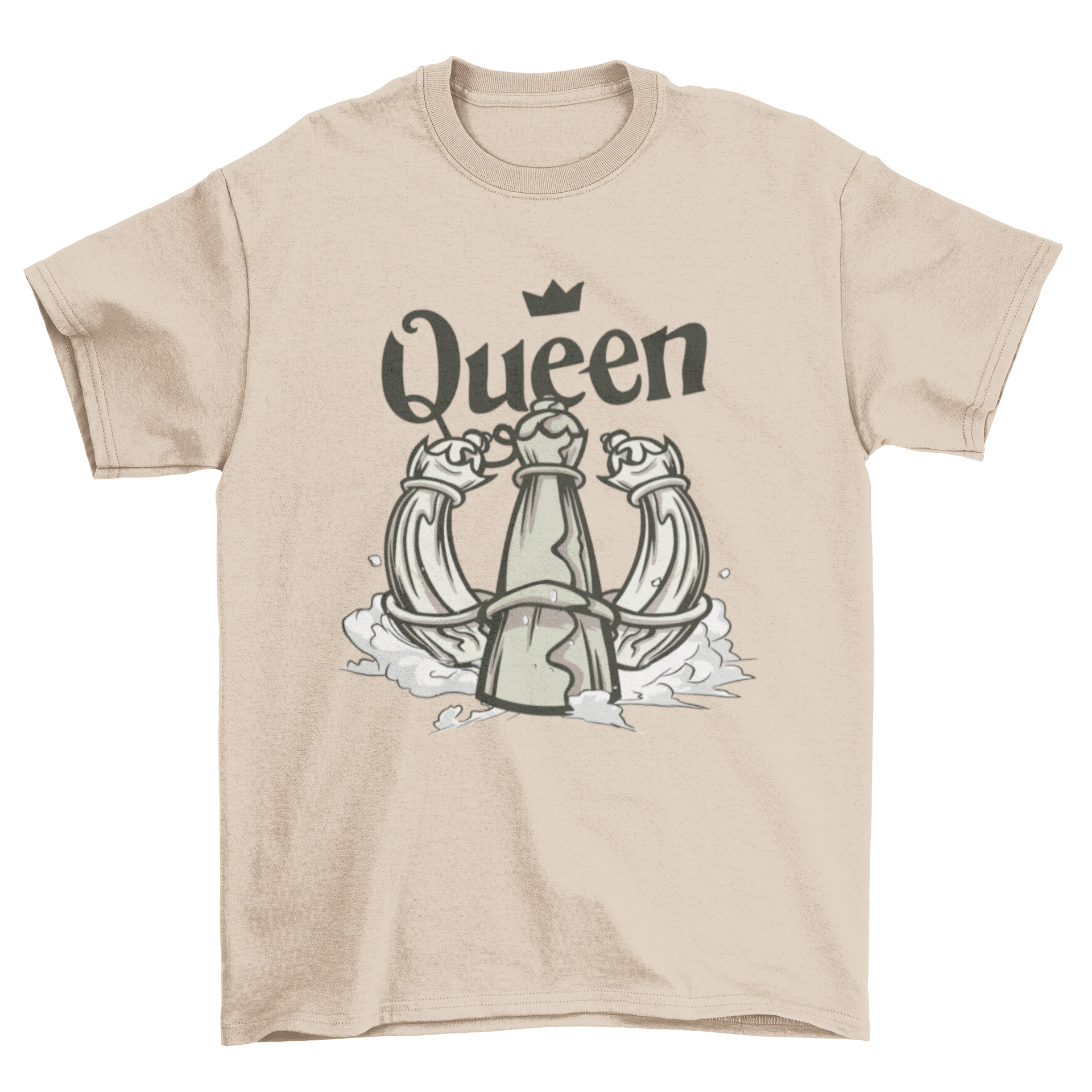 A stylish t-shirt featuring a queen chess piece design, perfect for chess enthusiasts.