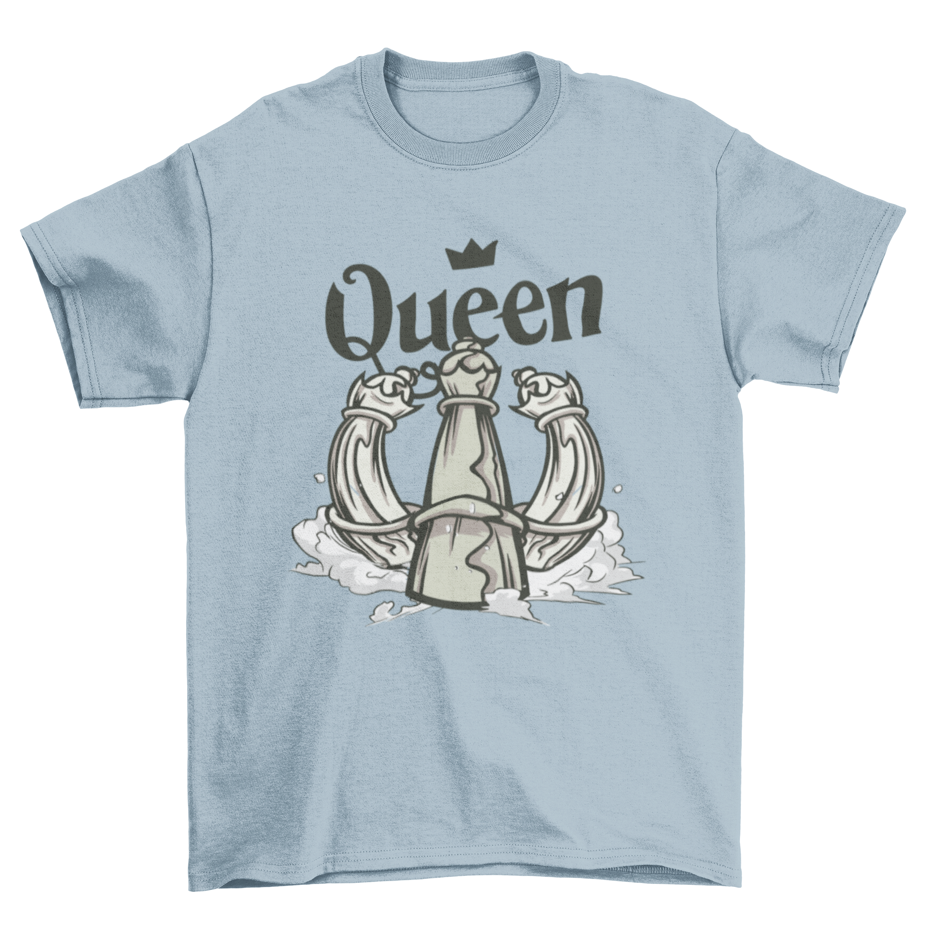 A stylish t-shirt featuring a queen chess piece design, perfect for chess enthusiasts.