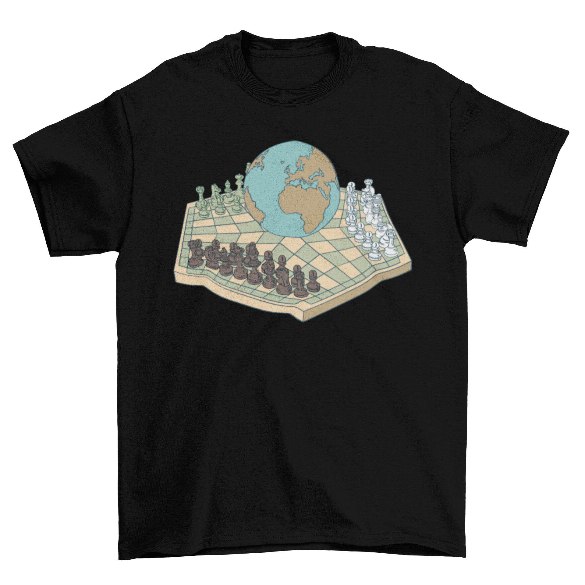 Chess World T-shirt featuring a three-man chess board design with the Earth in the center, perfect for chess enthusiasts.