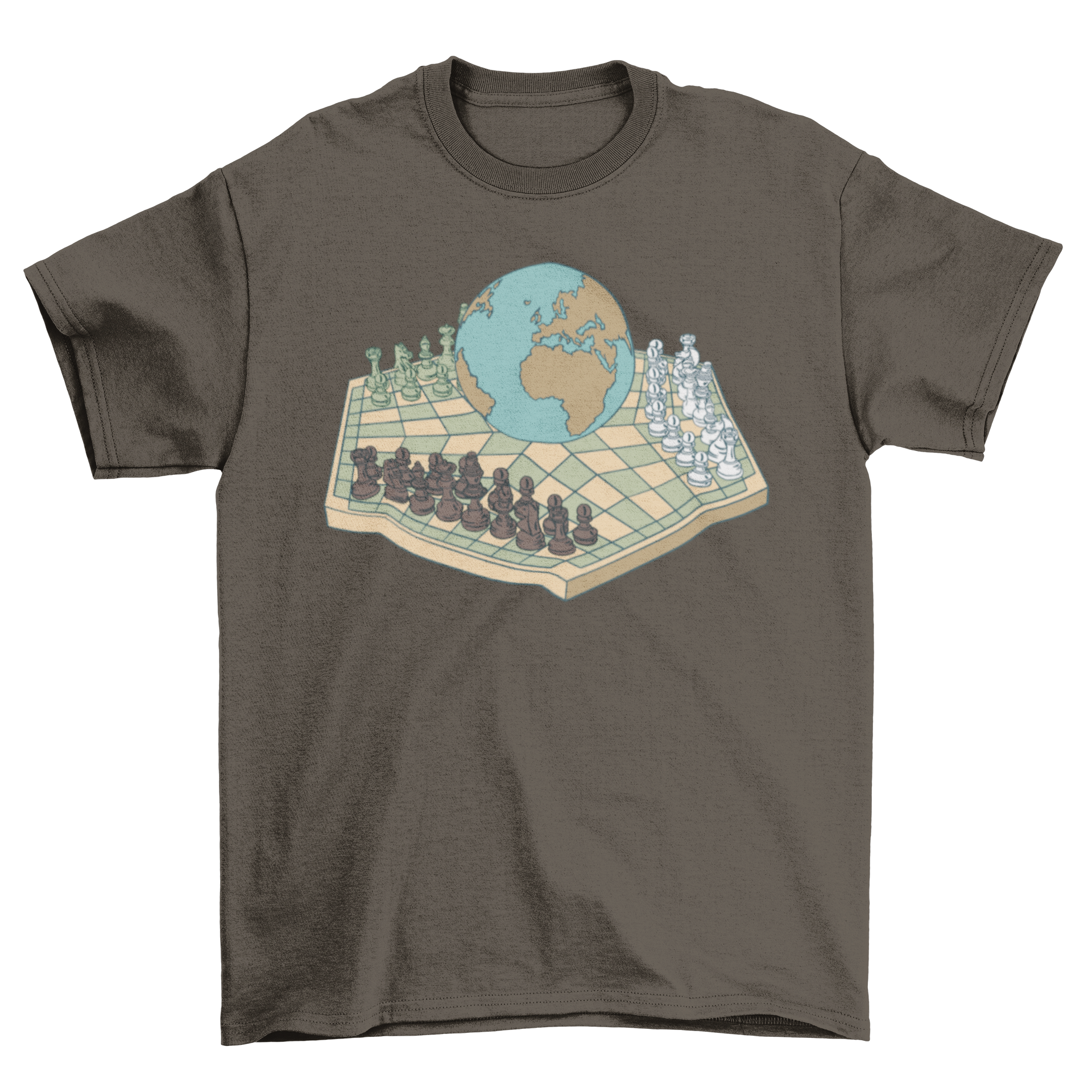 Chess World T-shirt featuring a three-man chess board design with the Earth in the center, perfect for chess enthusiasts.