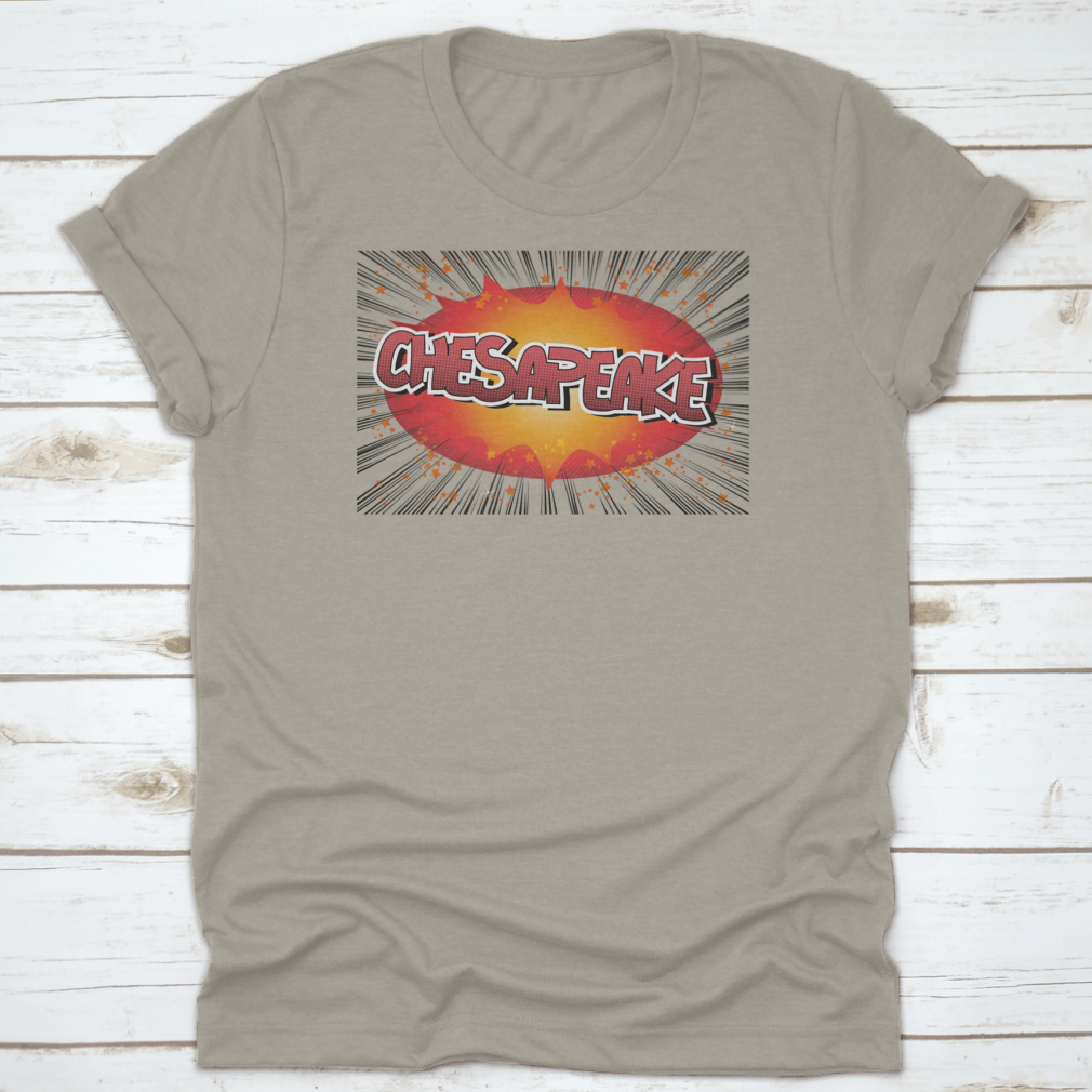 Chesapeake Comic Book Style Typography Shirt featuring vibrant graphics and a classic fit, made from soft cotton fabric.