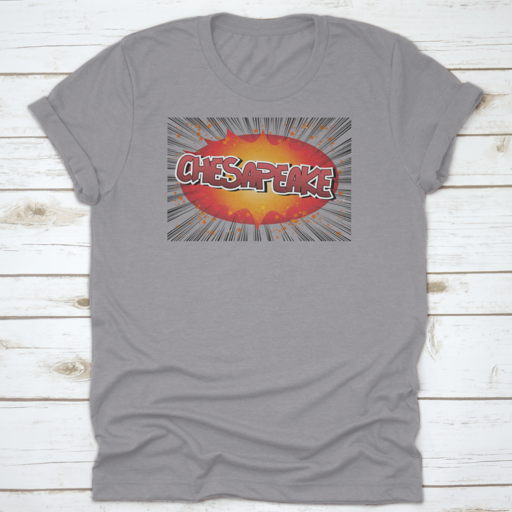 Chesapeake Comic Book Style Typography Shirt featuring vibrant graphics and a classic fit, made from soft cotton fabric.