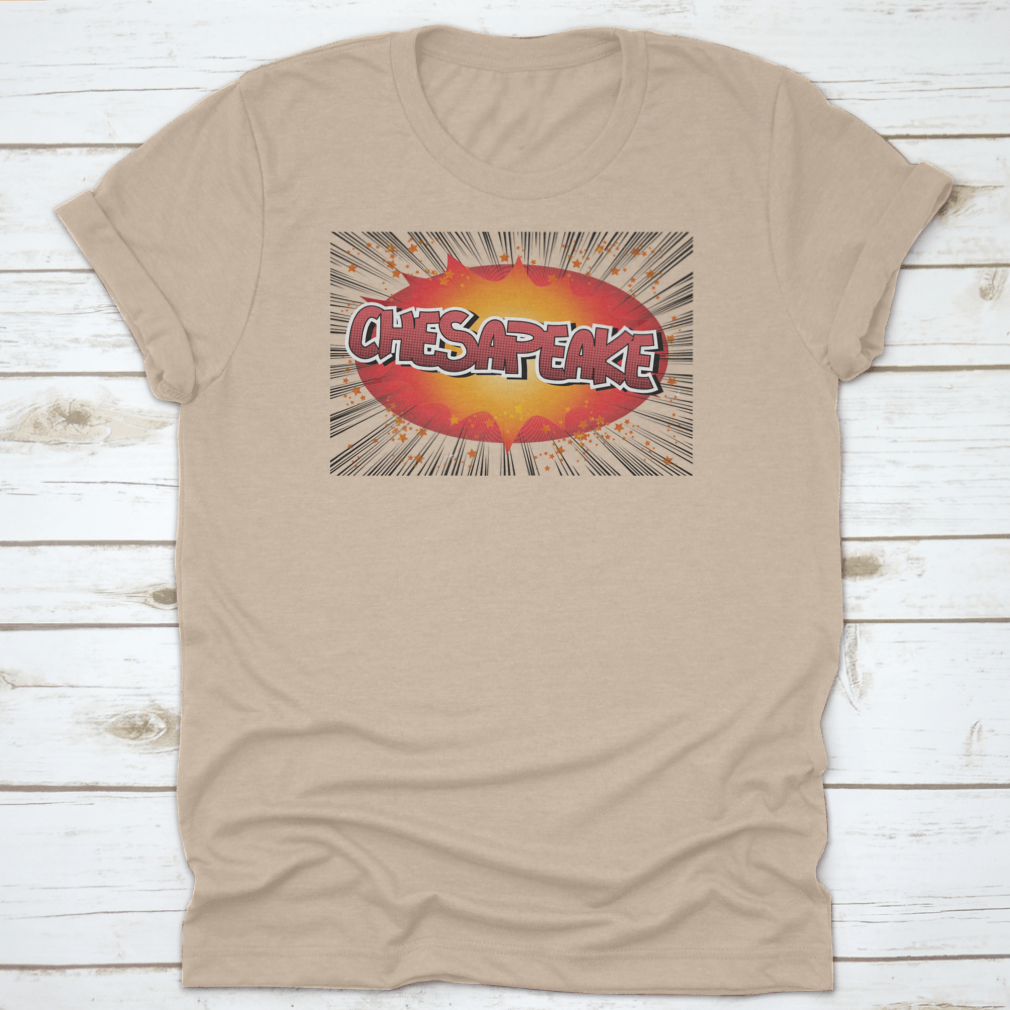 Chesapeake Comic Book Style Typography Shirt featuring vibrant graphics and a classic fit, made from soft cotton fabric.