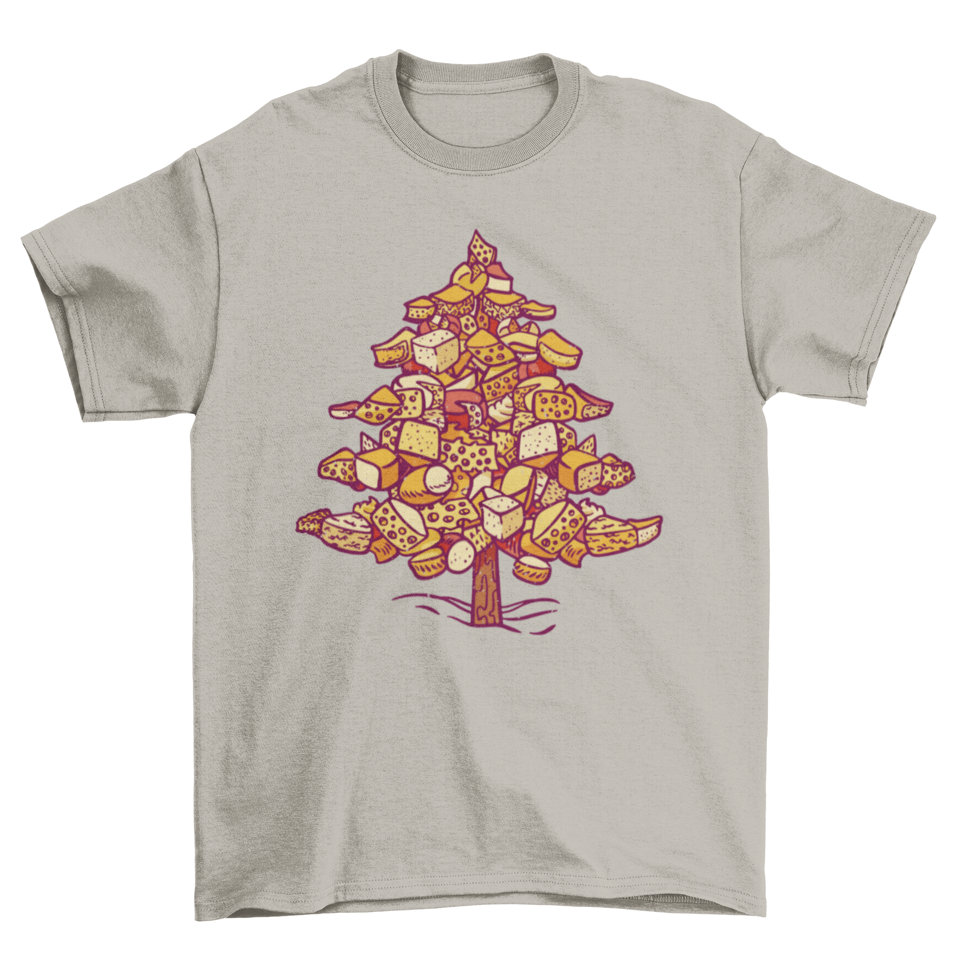 A fun t-shirt featuring a Christmas tree design made of various types of cheese, perfect for holiday celebrations.