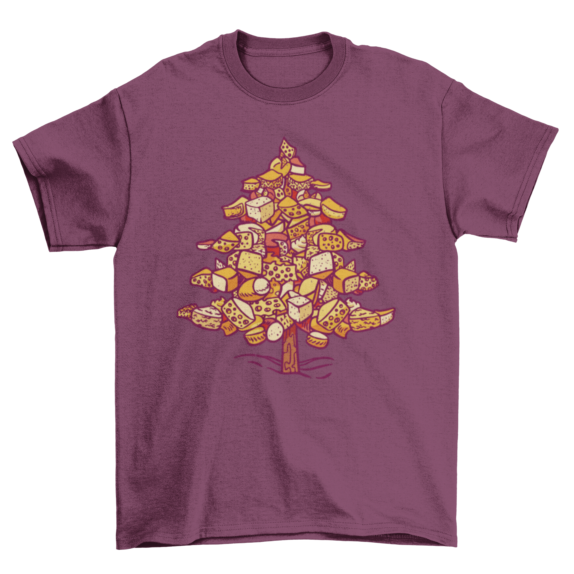 A fun t-shirt featuring a Christmas tree design made of various types of cheese, perfect for holiday celebrations.