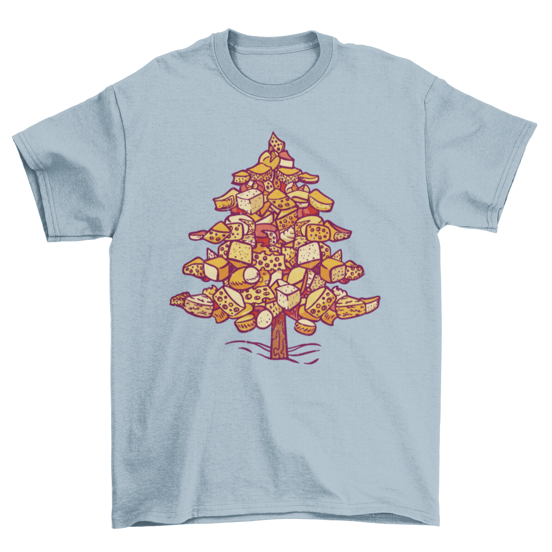 A fun t-shirt featuring a Christmas tree design made of various types of cheese, perfect for holiday celebrations.