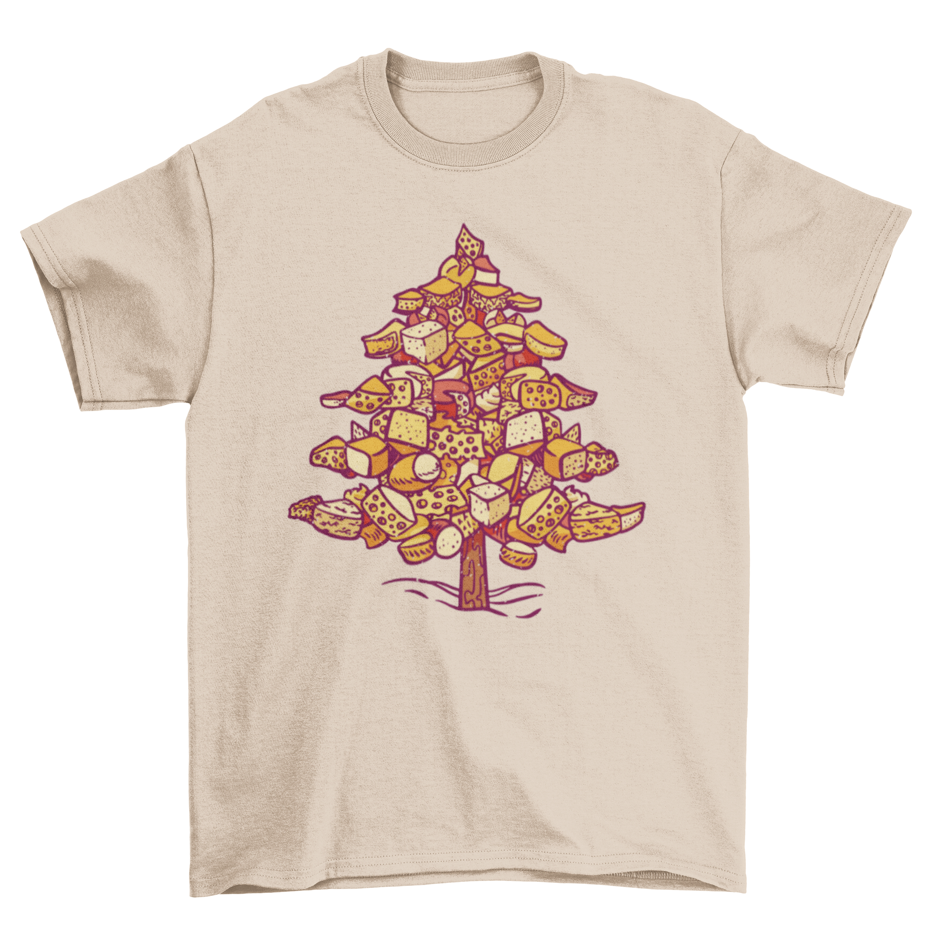 A fun t-shirt featuring a Christmas tree design made of various types of cheese, perfect for holiday celebrations.