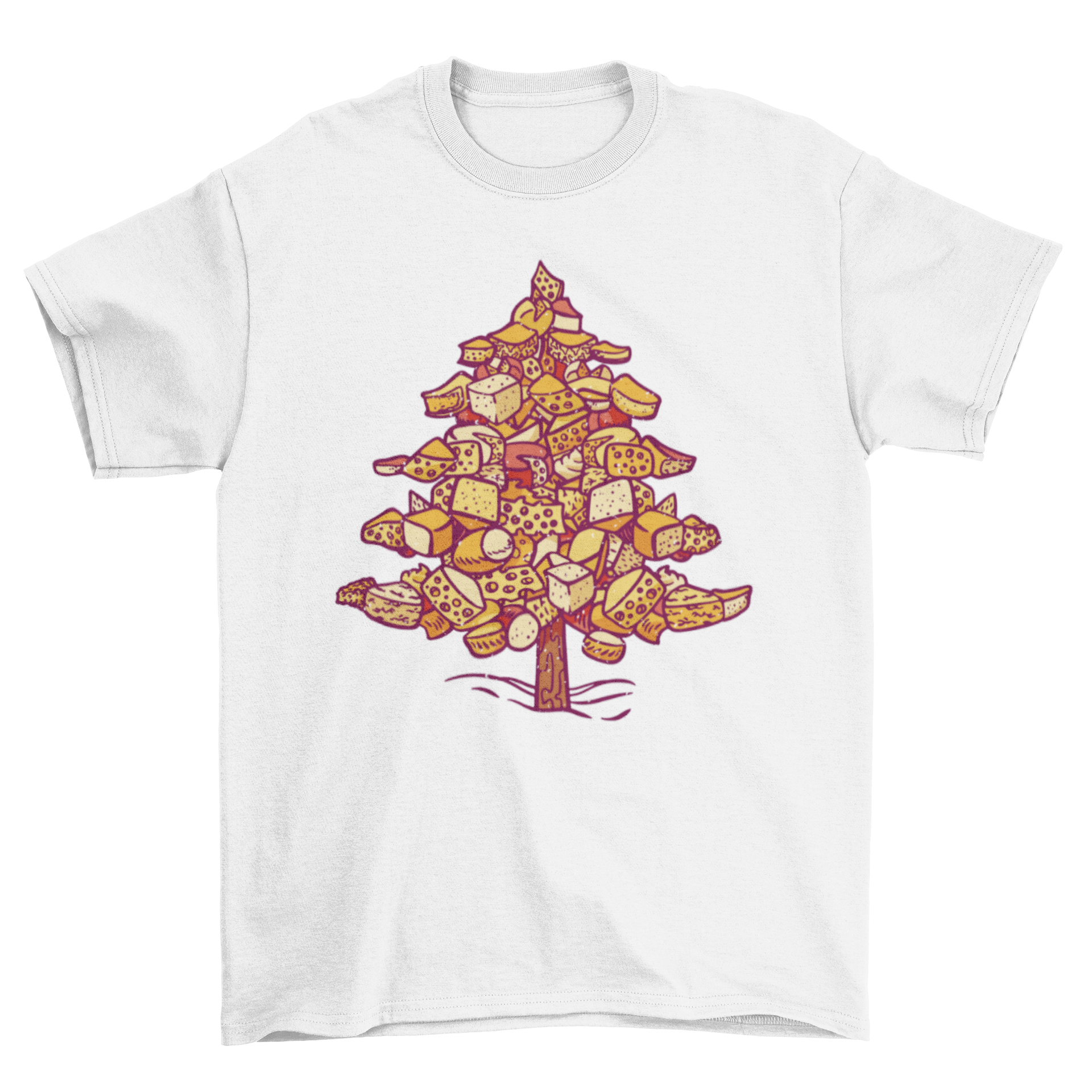 A fun t-shirt featuring a Christmas tree design made of various types of cheese, perfect for holiday celebrations.