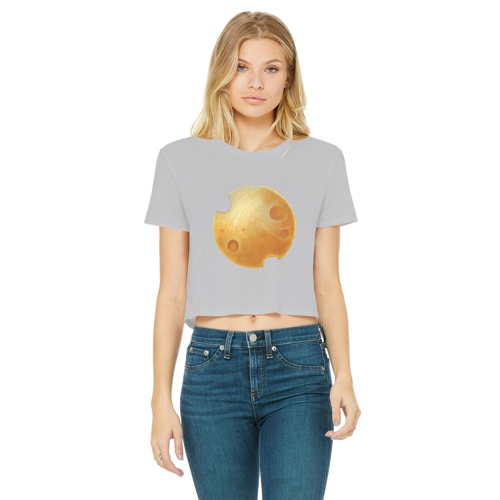 Cheese Classic Women's Cropped Raw Edge T-Shirt featuring a round neck, short sleeves, and a raw edge hem in a stylish color.