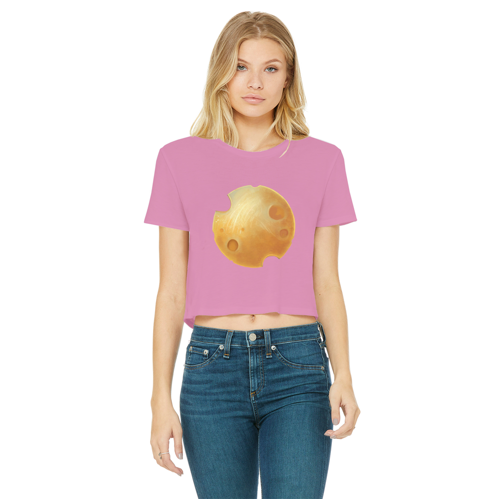 Cheese Classic Women's Cropped Raw Edge T-Shirt featuring a round neck, short sleeves, and a raw edge hem in a stylish color.