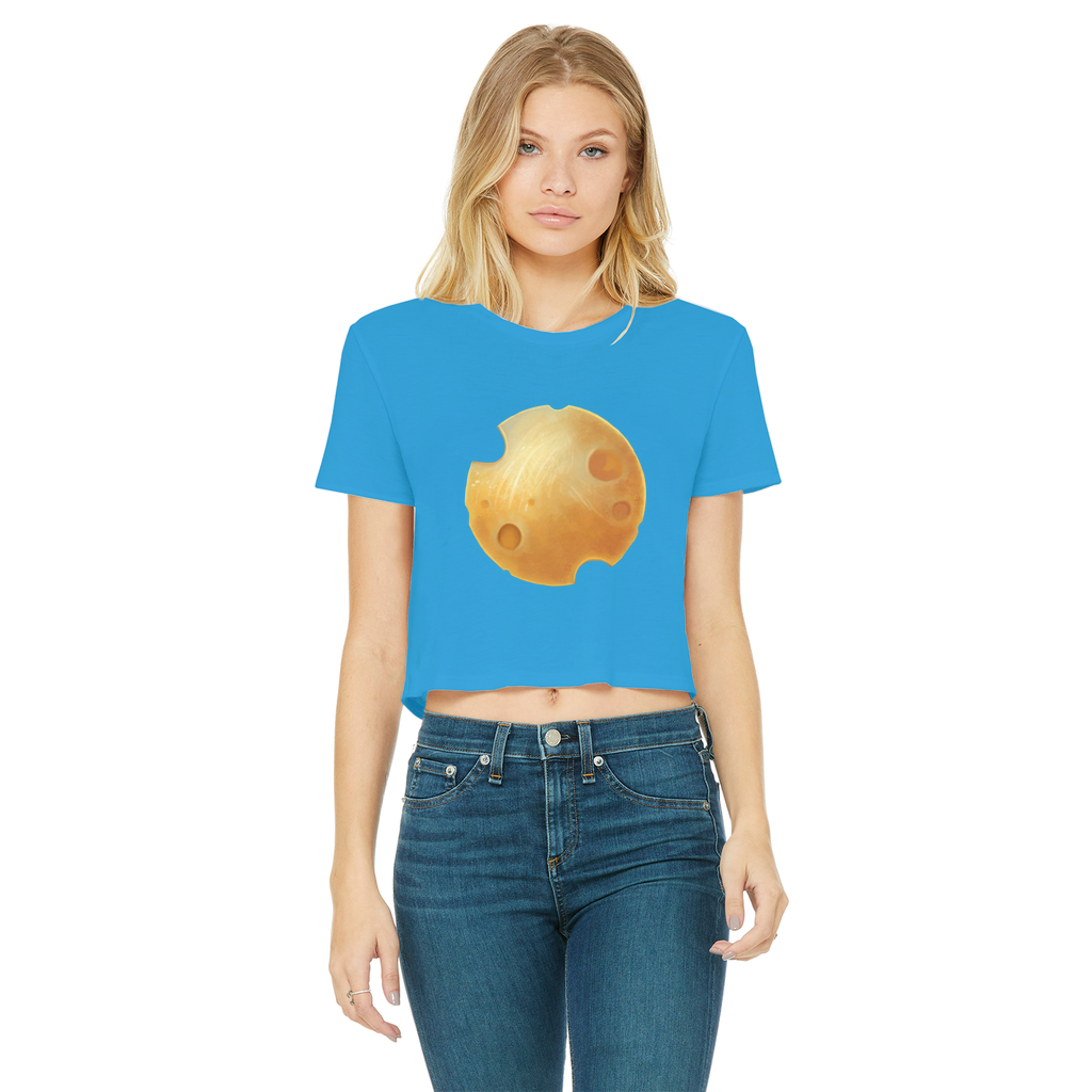 Cheese Classic Women's Cropped Raw Edge T-Shirt featuring a round neck, short sleeves, and a raw edge hem in a stylish color.