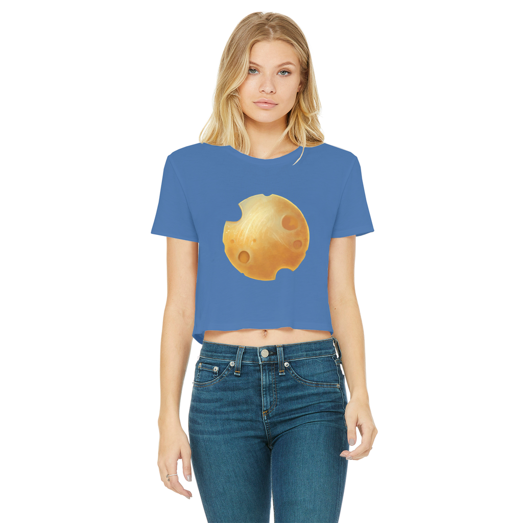 Cheese Classic Women's Cropped Raw Edge T-Shirt featuring a round neck, short sleeves, and a raw edge hem in a stylish color.