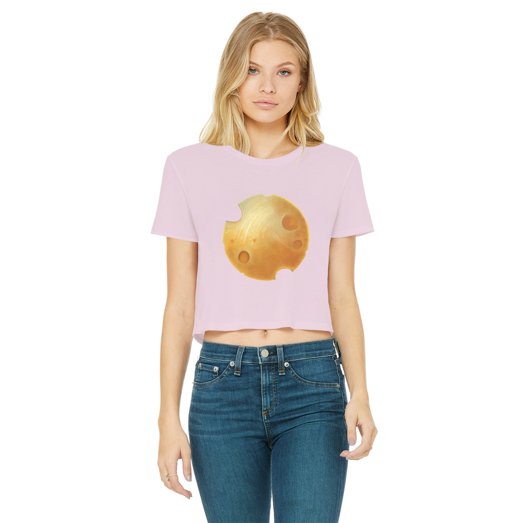 Cheese Classic Women's Cropped Raw Edge T-Shirt featuring a round neck, short sleeves, and a raw edge hem in a stylish color.