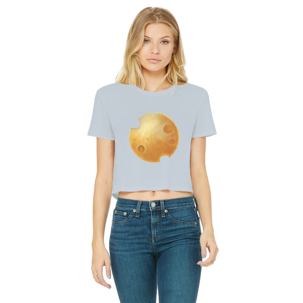 Cheese Classic Women's Cropped Raw Edge T-Shirt featuring a round neck, short sleeves, and a raw edge hem in a stylish color.