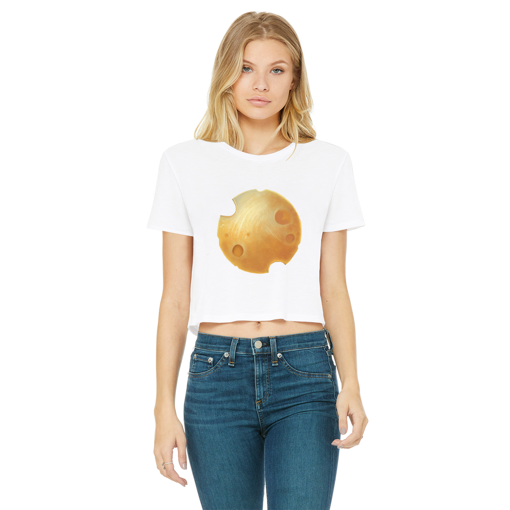 Cheese Classic Women's Cropped Raw Edge T-Shirt featuring a round neck, short sleeves, and a raw edge hem in a stylish color.