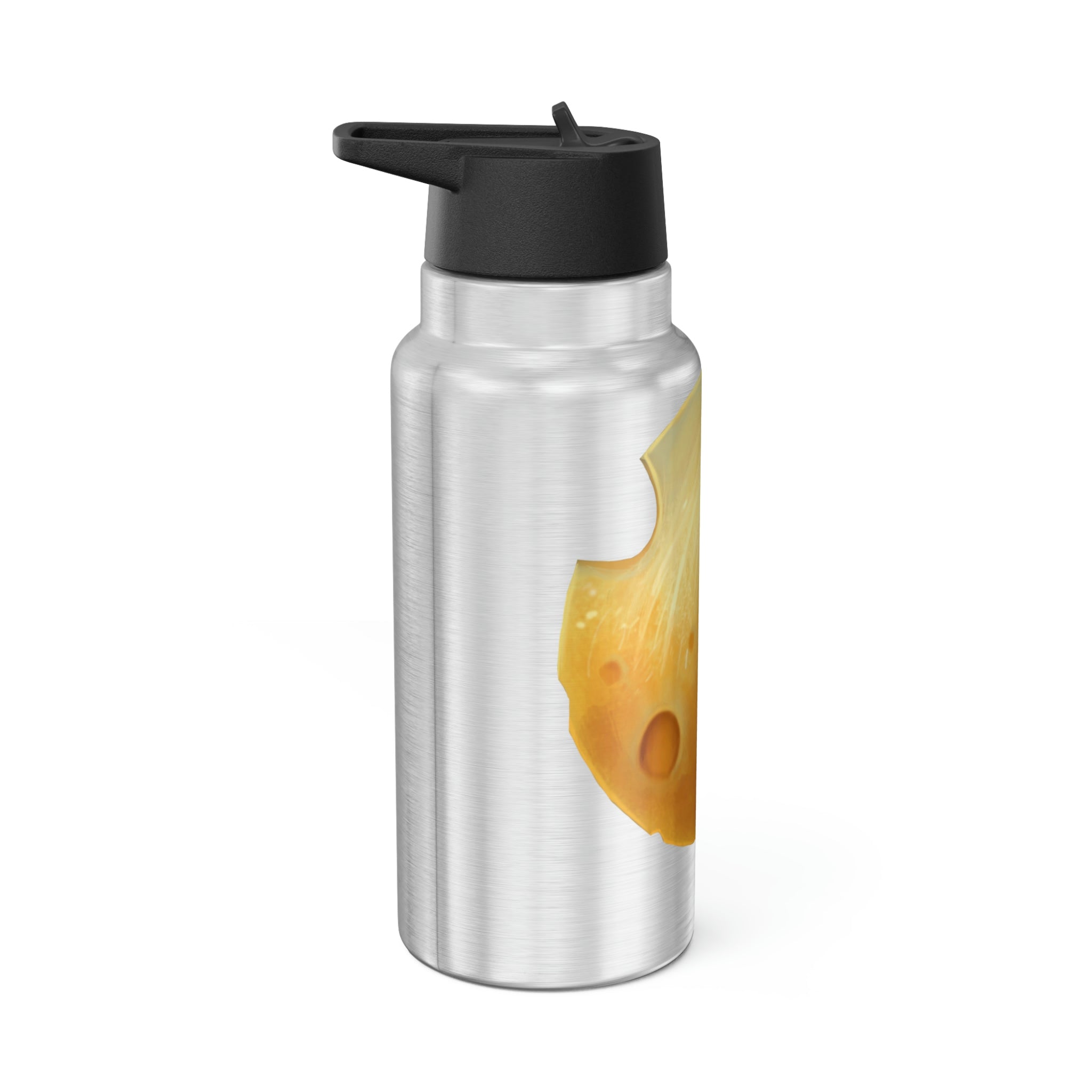 Cheese Gator Tumbler, 32oz, stainless steel with a black cap and straw, customizable design.