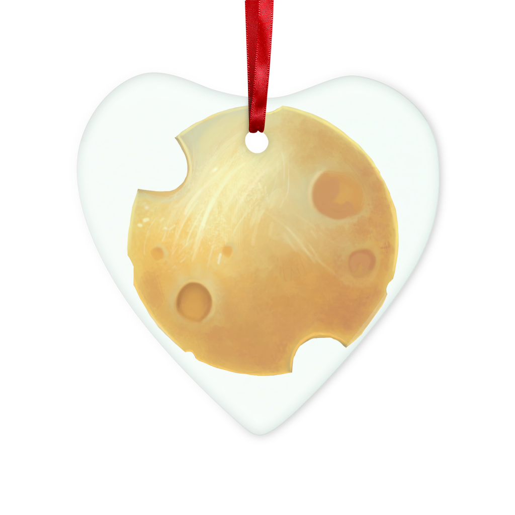 Cheese Glass Hanging Ornament in round and heart shapes, beautifully packaged with a red ribbon and gold string.