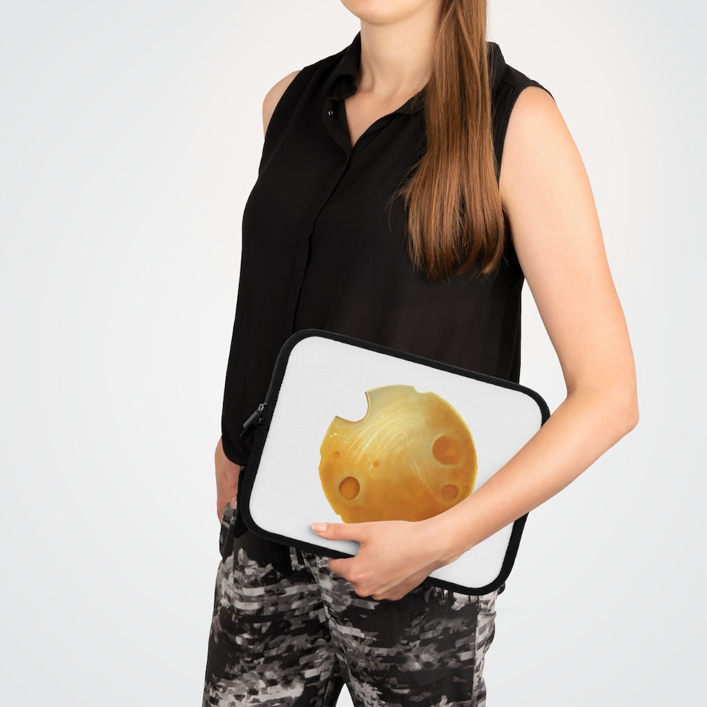 Stylish Cheese Laptop Sleeve featuring customizable front and solid black back, designed for protection and portability.